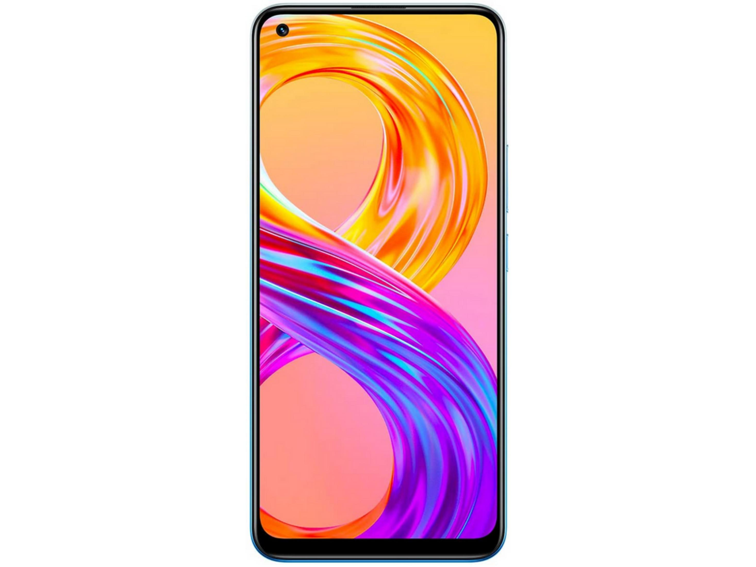 Ein blaues Smartphone mit einem bunten, wirbelnden Hintergrundbild, das wie eine Acht aussieht.