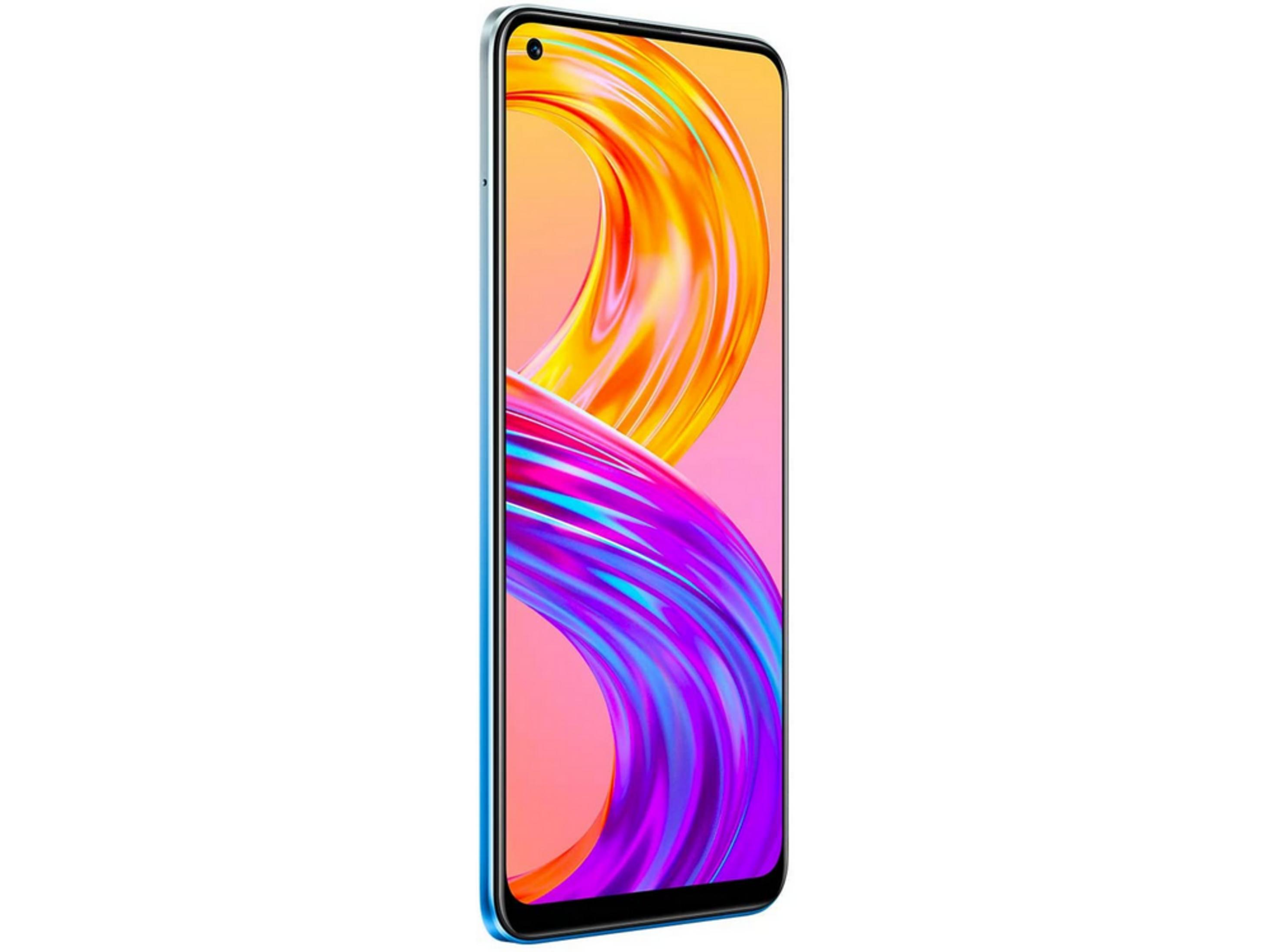 Ein hellblaues Smartphone mit einem bunten Hintergrundbild.