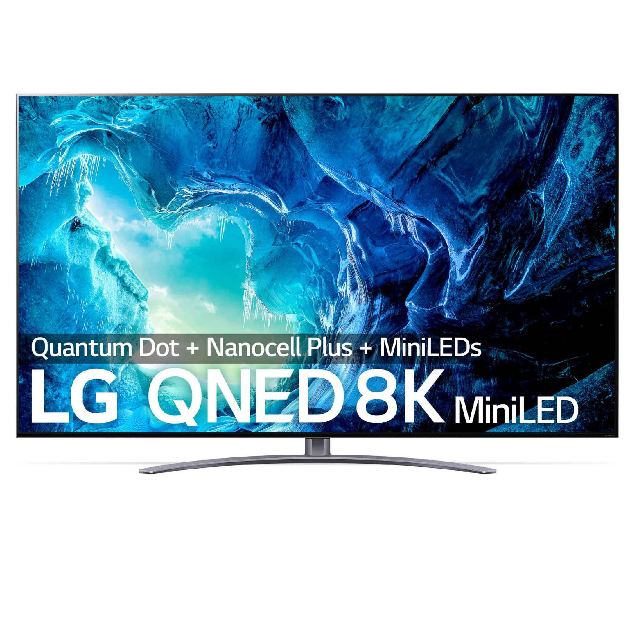 TV LG QNED 8K MiniLED muestra una escena de cueva de hielo azul.