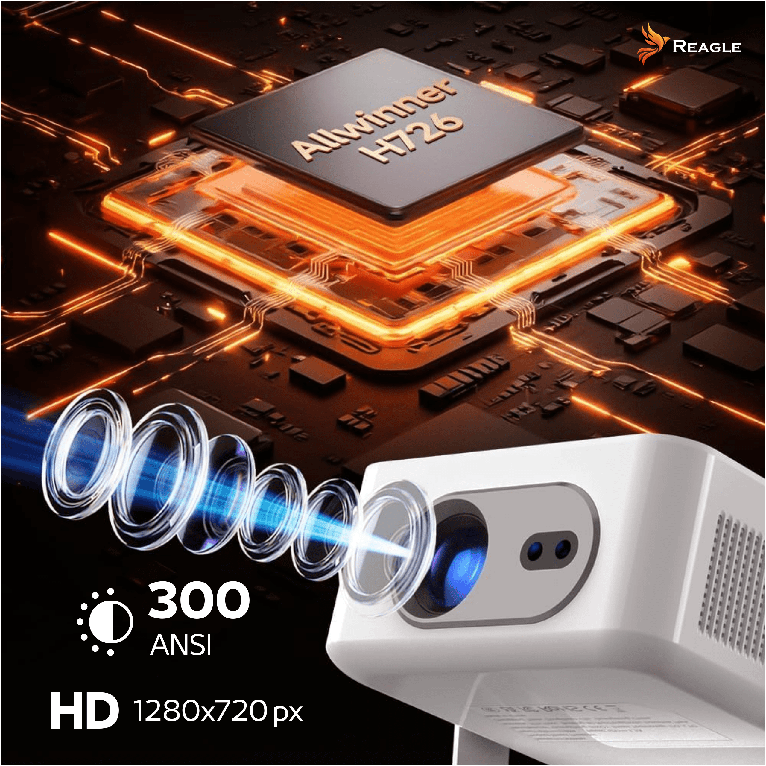 Projektor z chipem Allwinner H726, 300 lumenów ANSI i rozdzielczością HD.