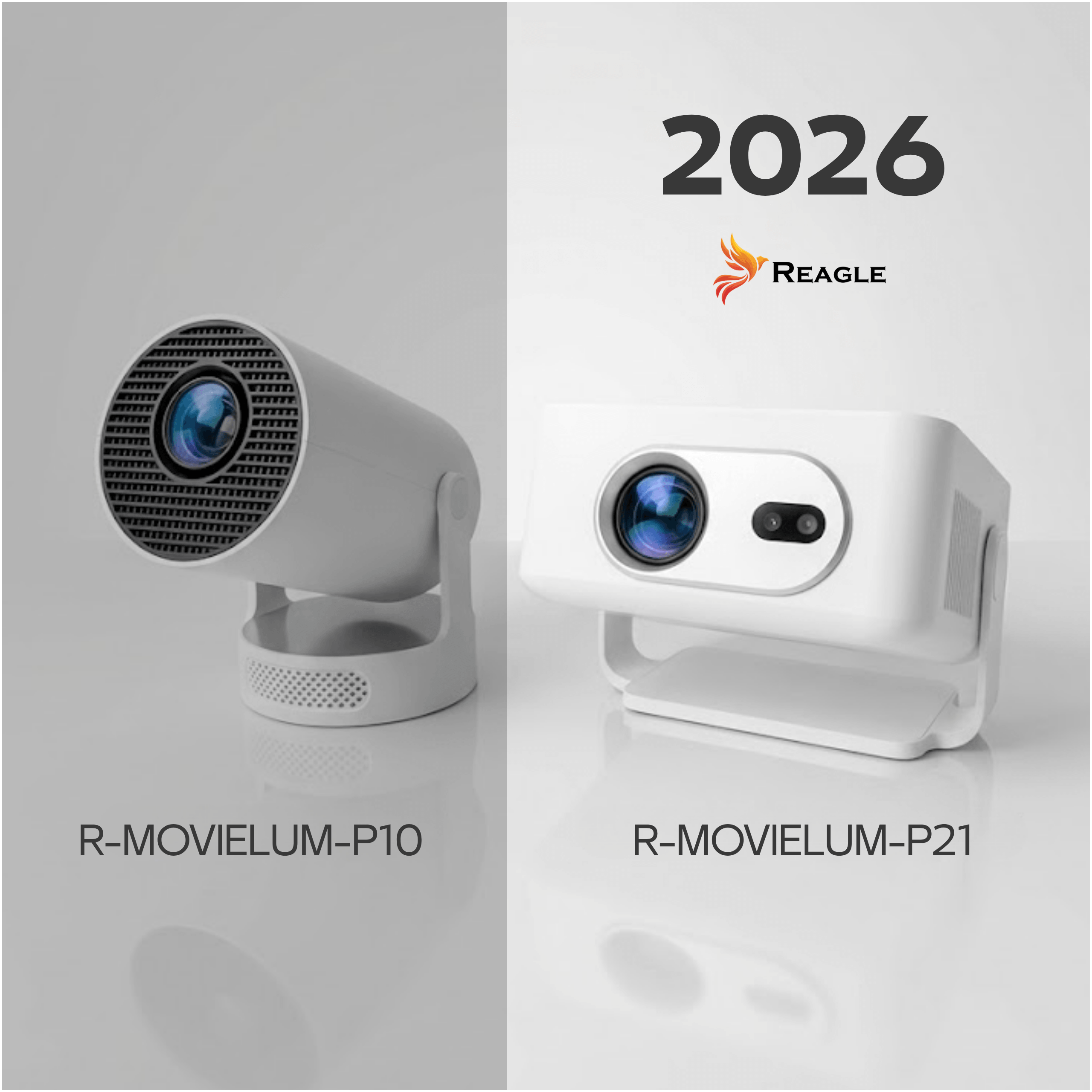 Dwa białe projektory, R-MOVIELUM-P10 i R-MOVIELUM-P21, obok siebie.