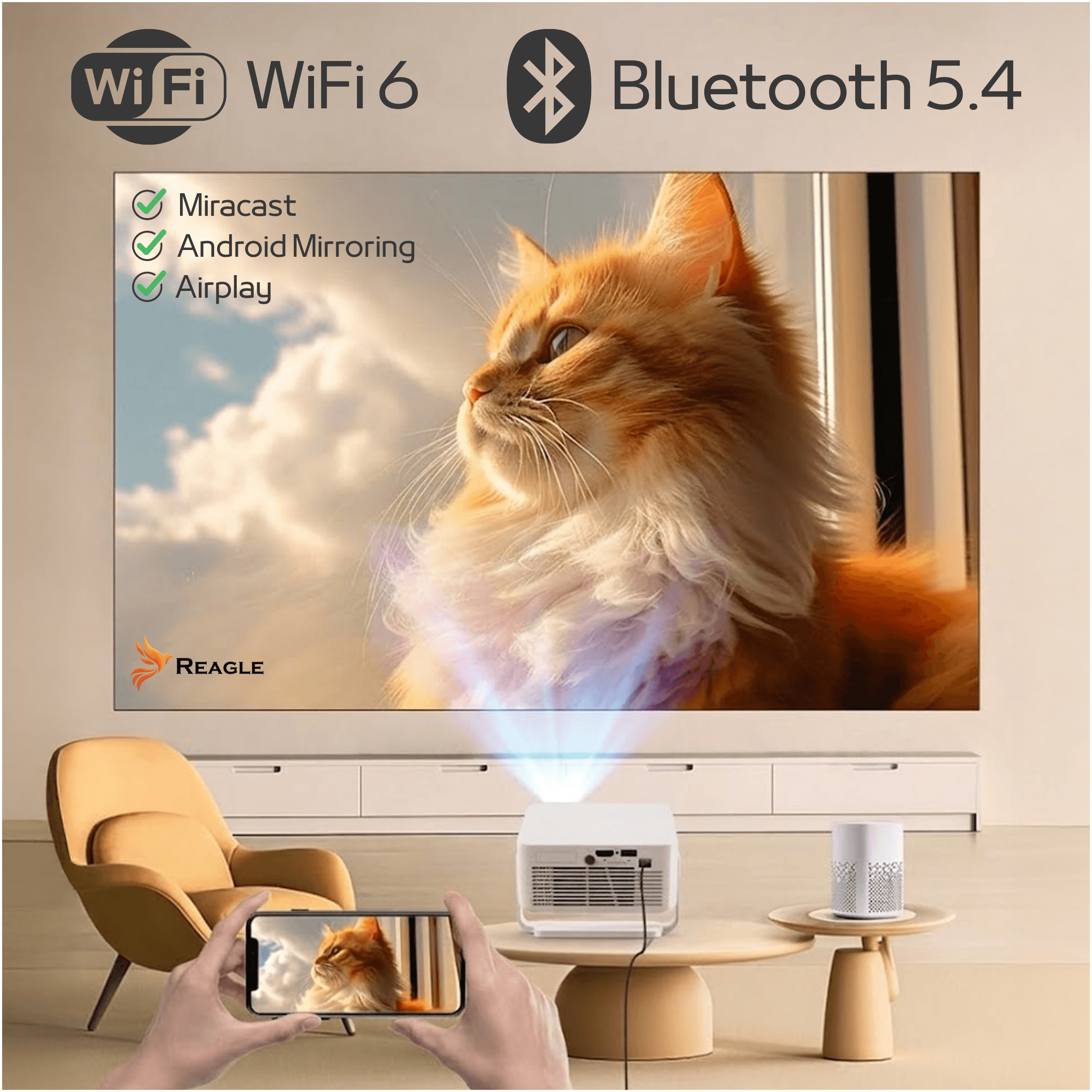 Projektor wyświetla kota na ekranie. Telefon pokazuje tego samego kota. Wi-Fi 6, Bluetooth 5.4.