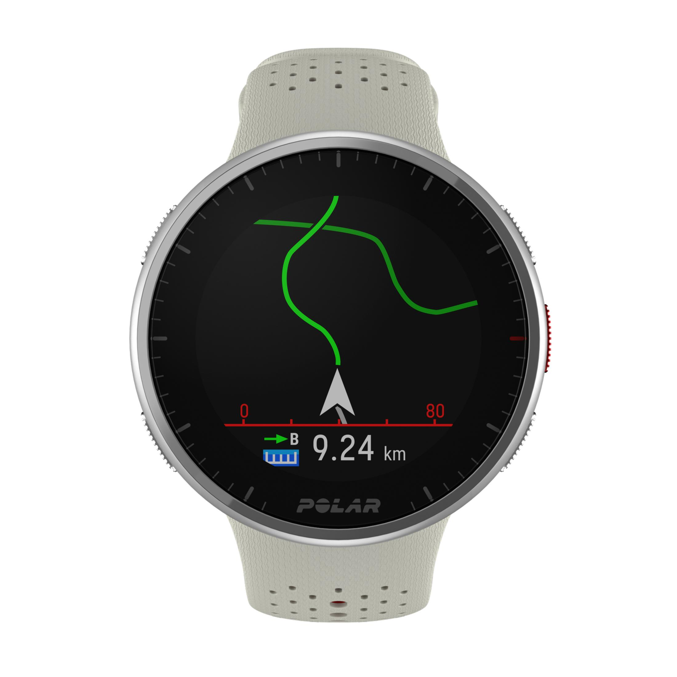 Reloj inteligente gris con mapa de navegación y distancia de 9.24 km.