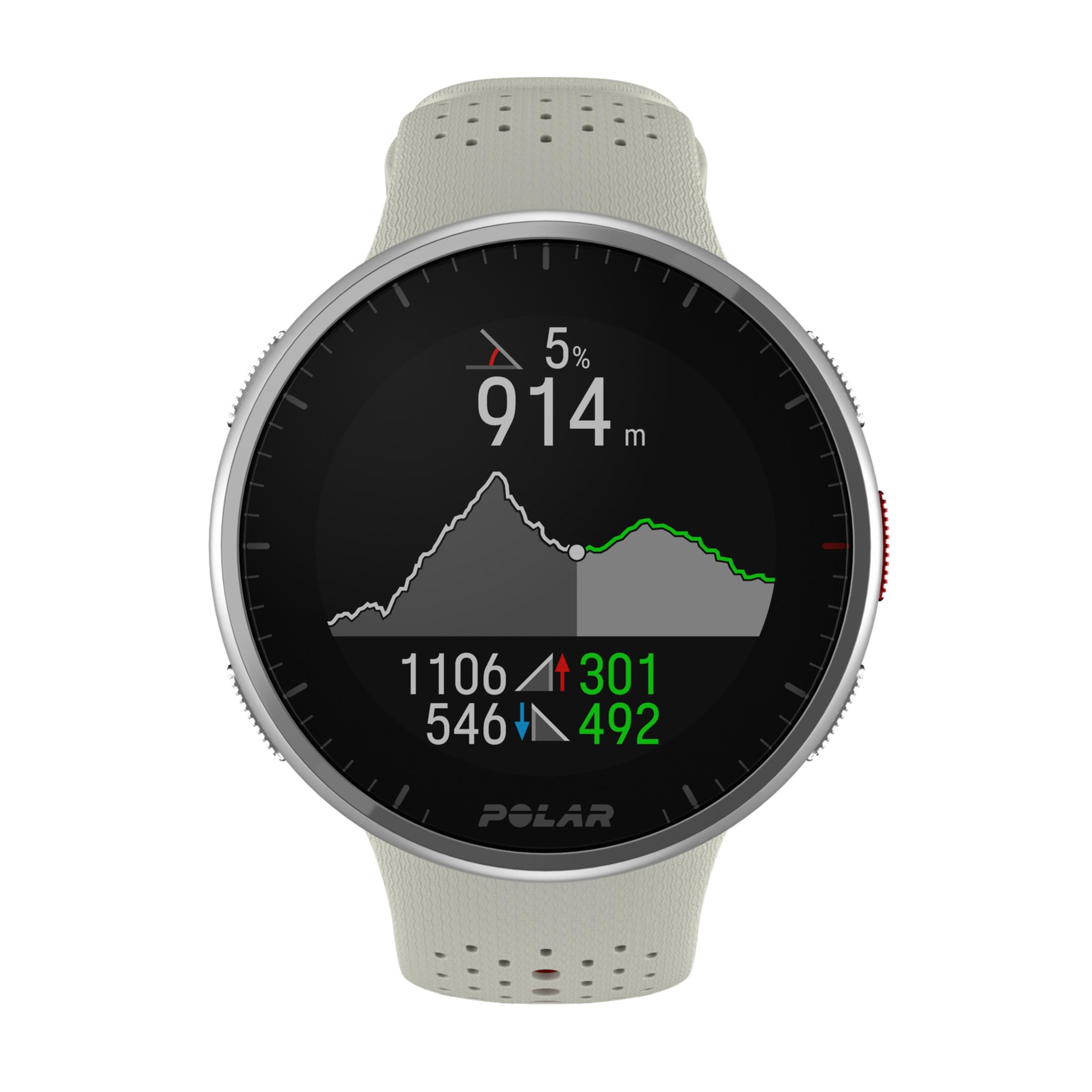 Reloj inteligente gris con carcasa plateada, muestra perfil deportivo.