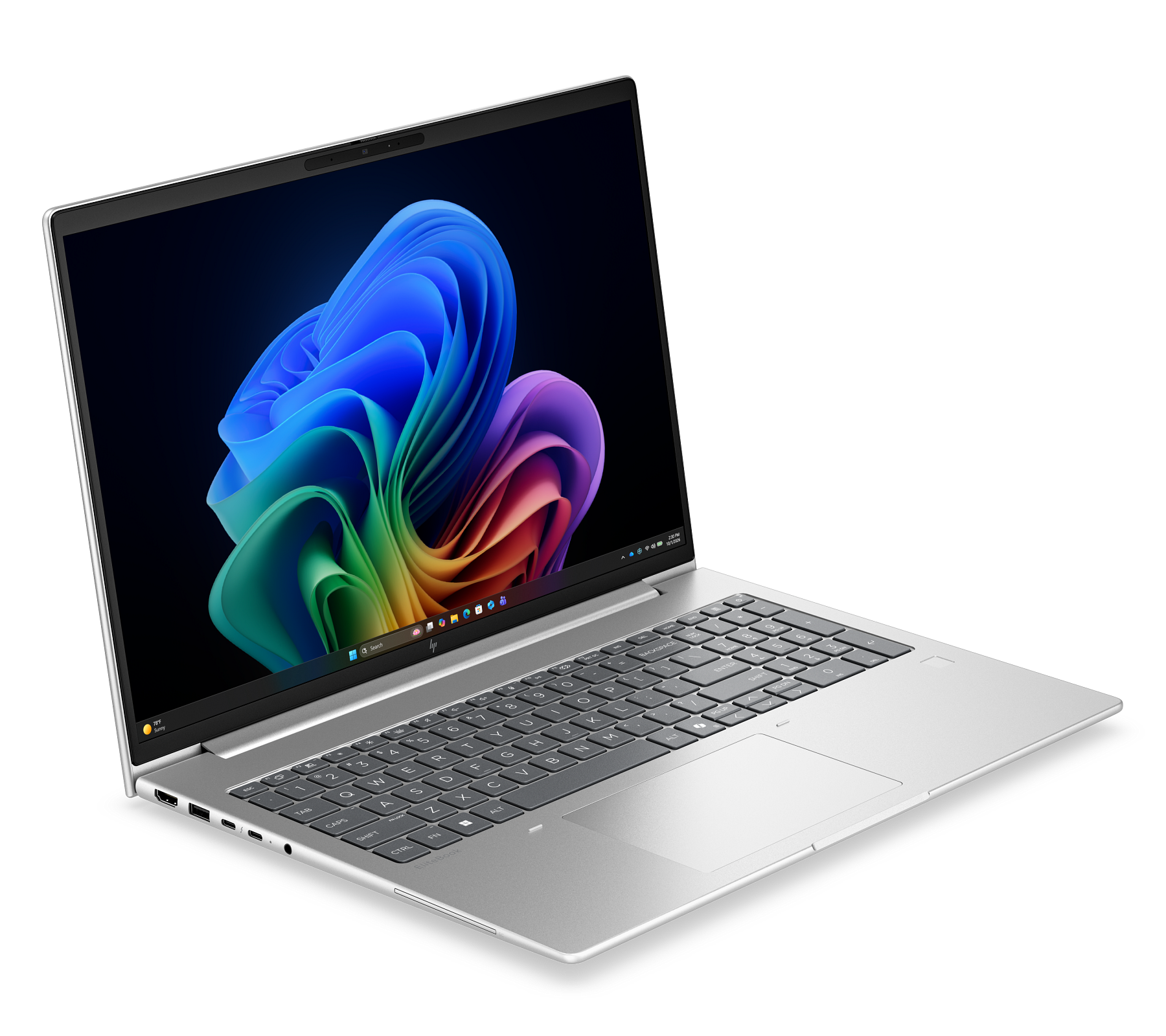 Un laptop argentato con sfondo colorato sullo schermo e tastiera nera.