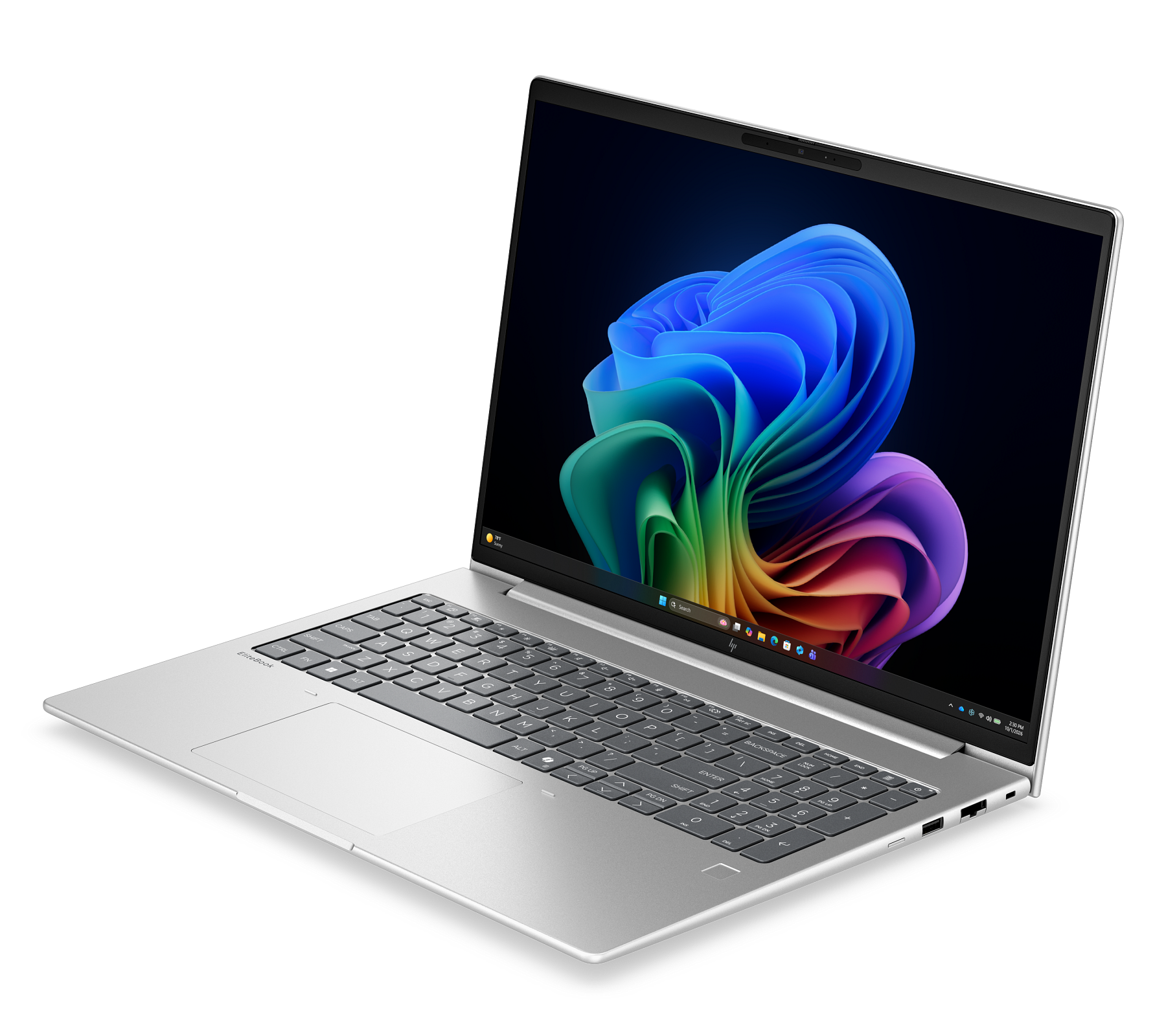 Un laptop argentato aperto mostra uno sfondo colorato sullo schermo.