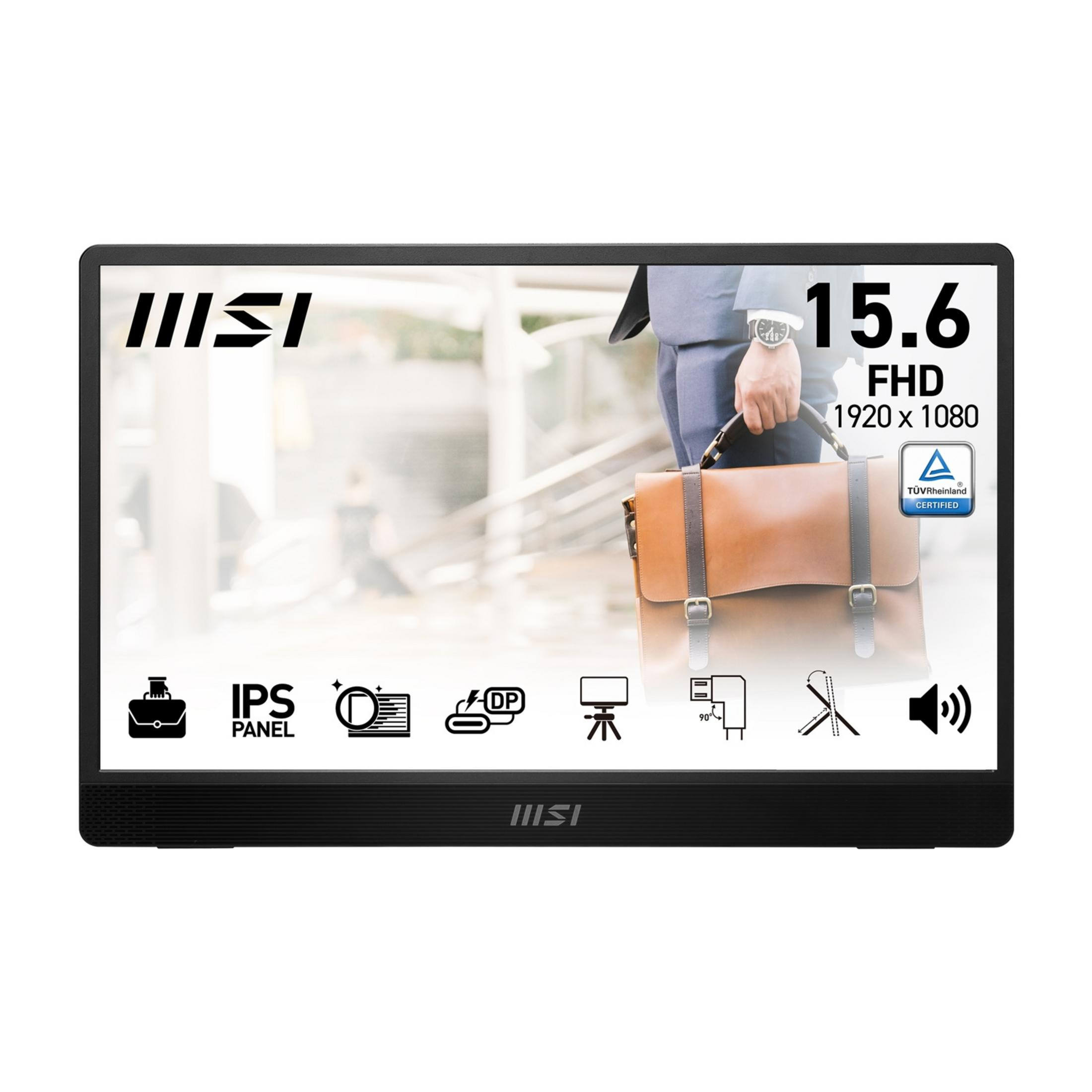 Monitor MSI 15.6" FHD con puertos, panel IPS y altavoz.