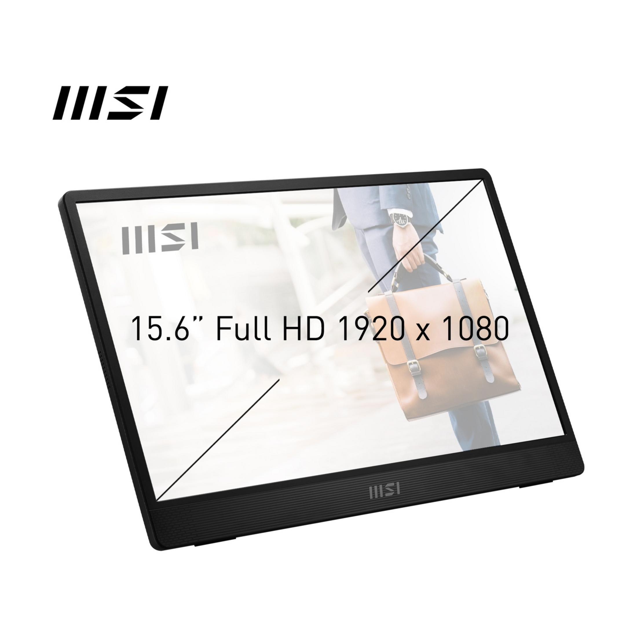 Un monitor portátil Full HD de 15,6" con logo MSI y un hombre con maletín.