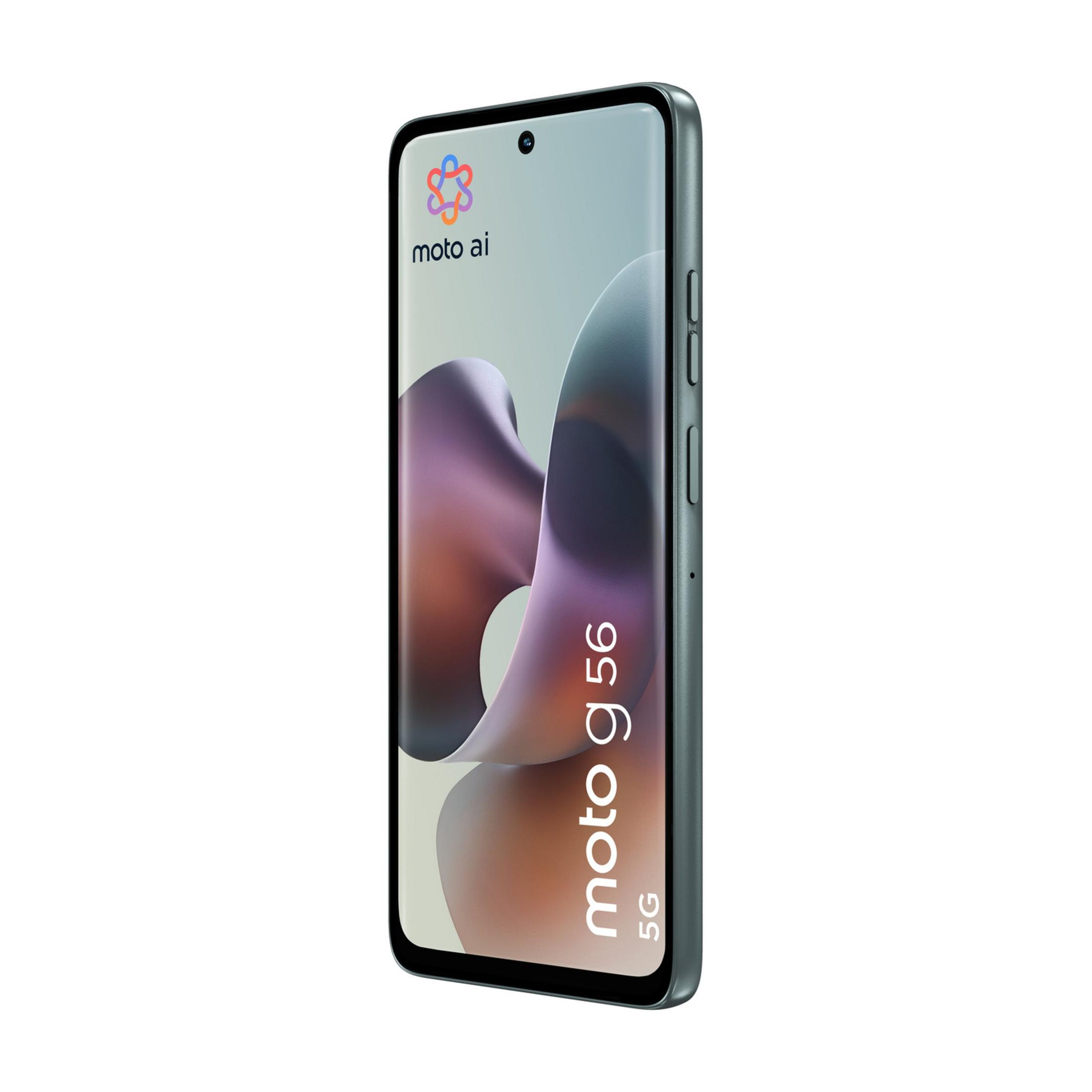 Ein graues Moto G 56 5G Smartphone mit einem stilisierten Hintergrund.