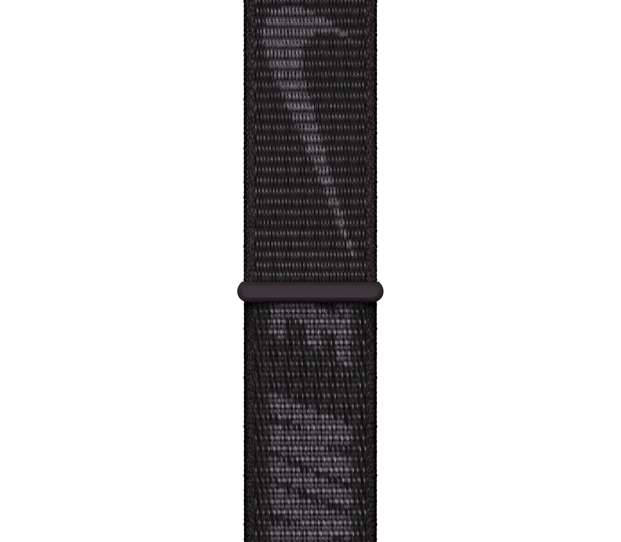 Schwarzes Textilarmband mit Schlaufe, weißer Hintergrund.
