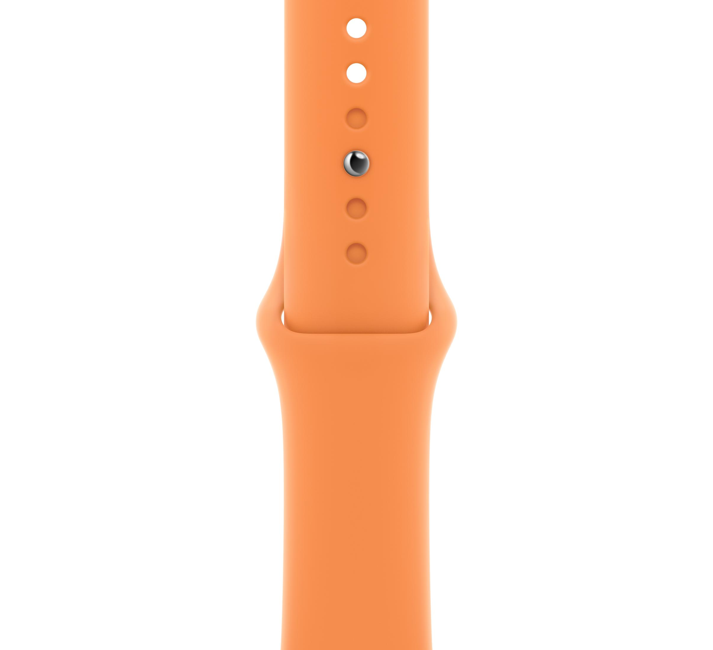Ein orangefarbenes Uhrenarmband mit silbernem Dorn und Löchern.
