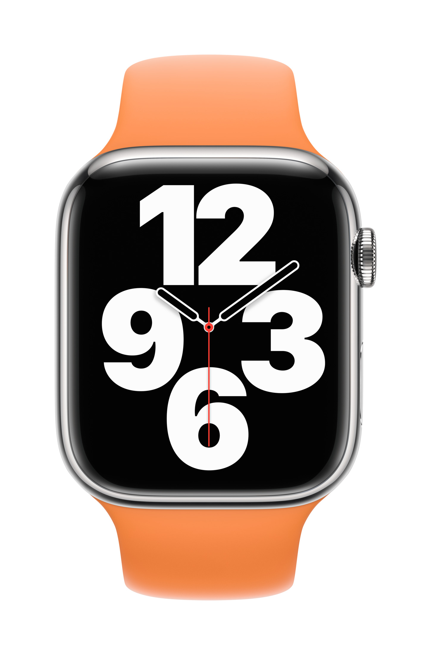 Eine orangefarbene Smartwatch mit silbernem Gehäuse und schwarzem Zifferblatt mit weißen Zahlen.