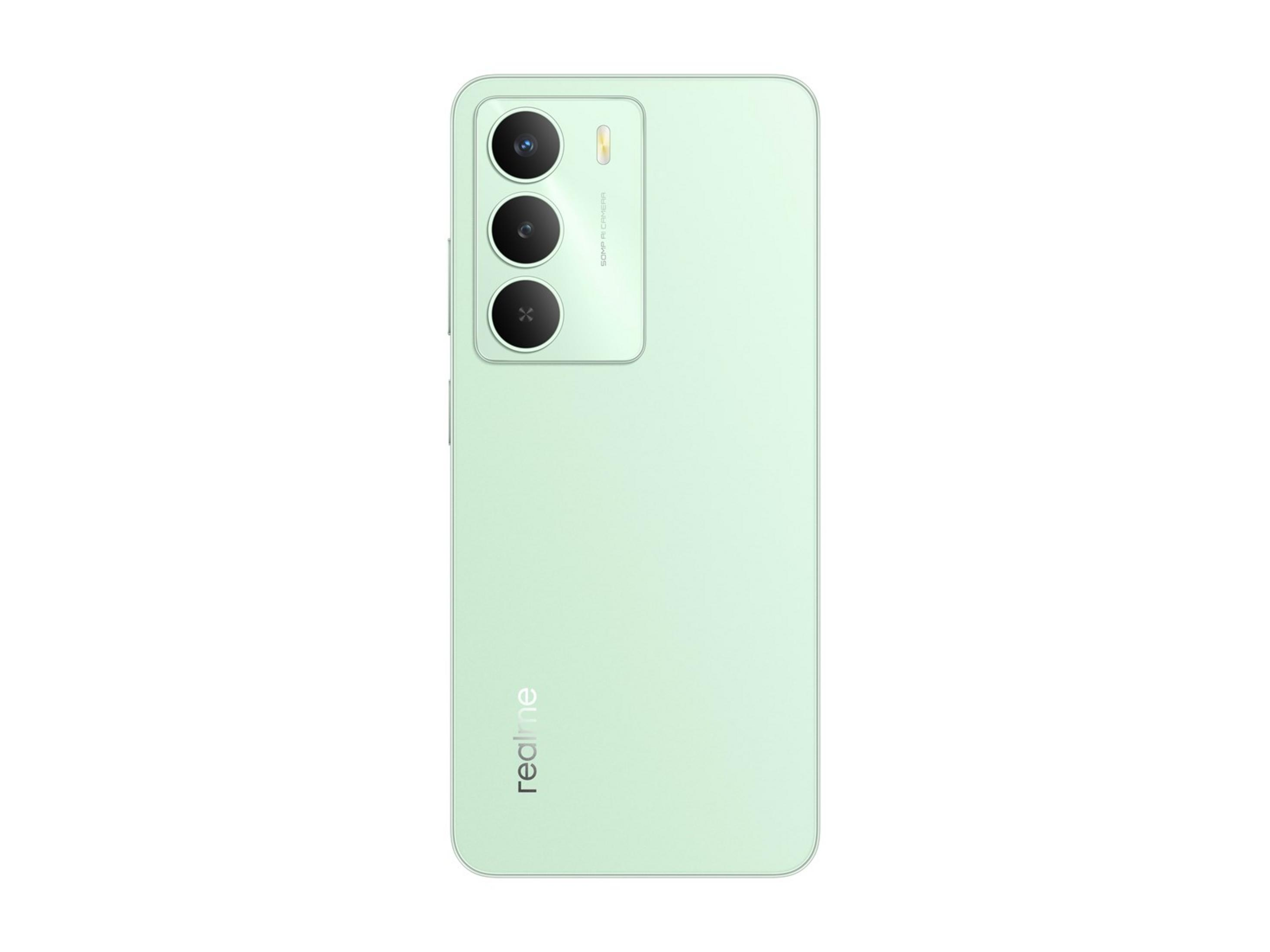 Uno smartphone verde chiaro con tre fotocamere sul retro e il logo Realme.