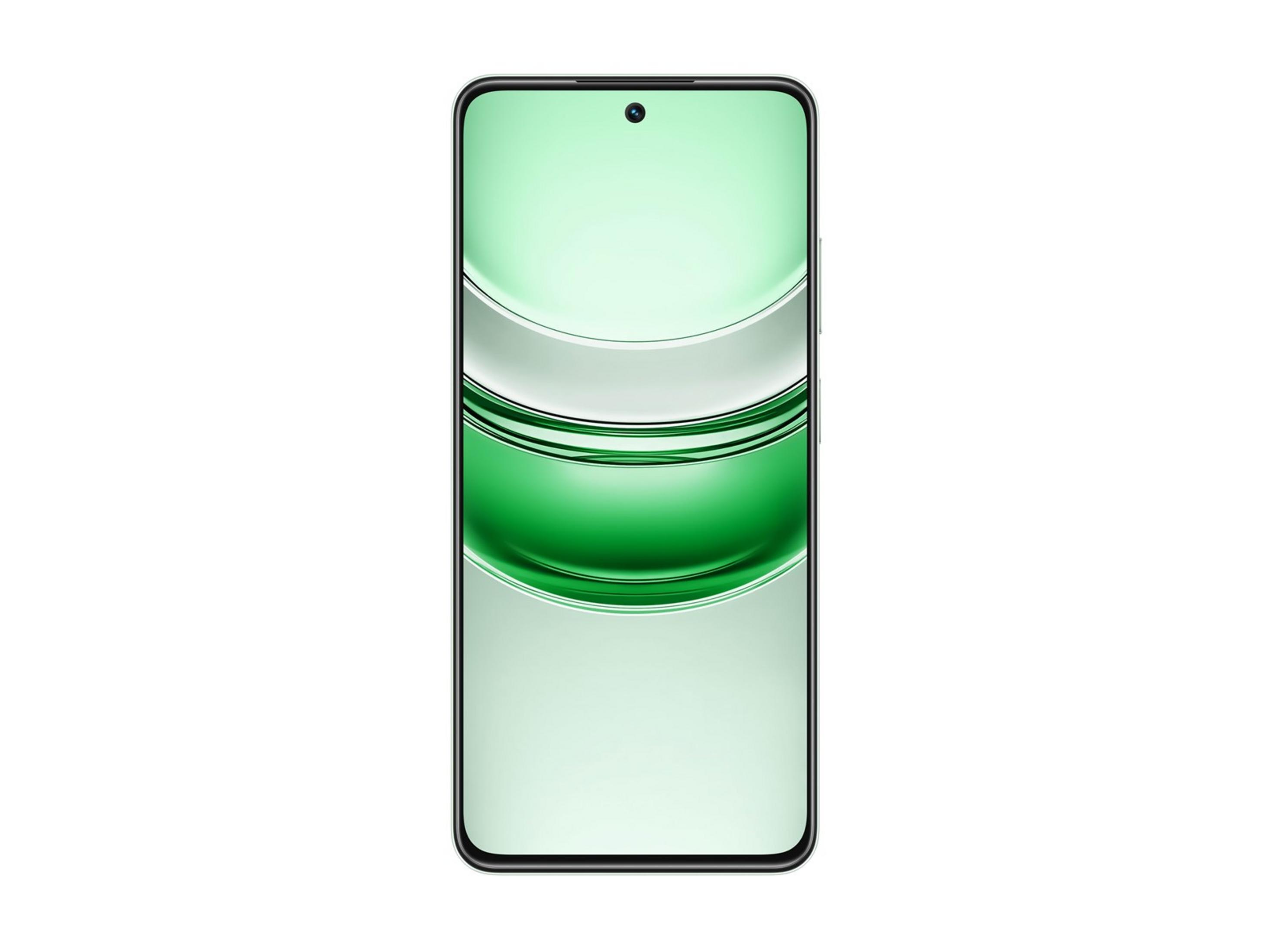 Uno smartphone elegante con un motivo ondulato verde sullo schermo.