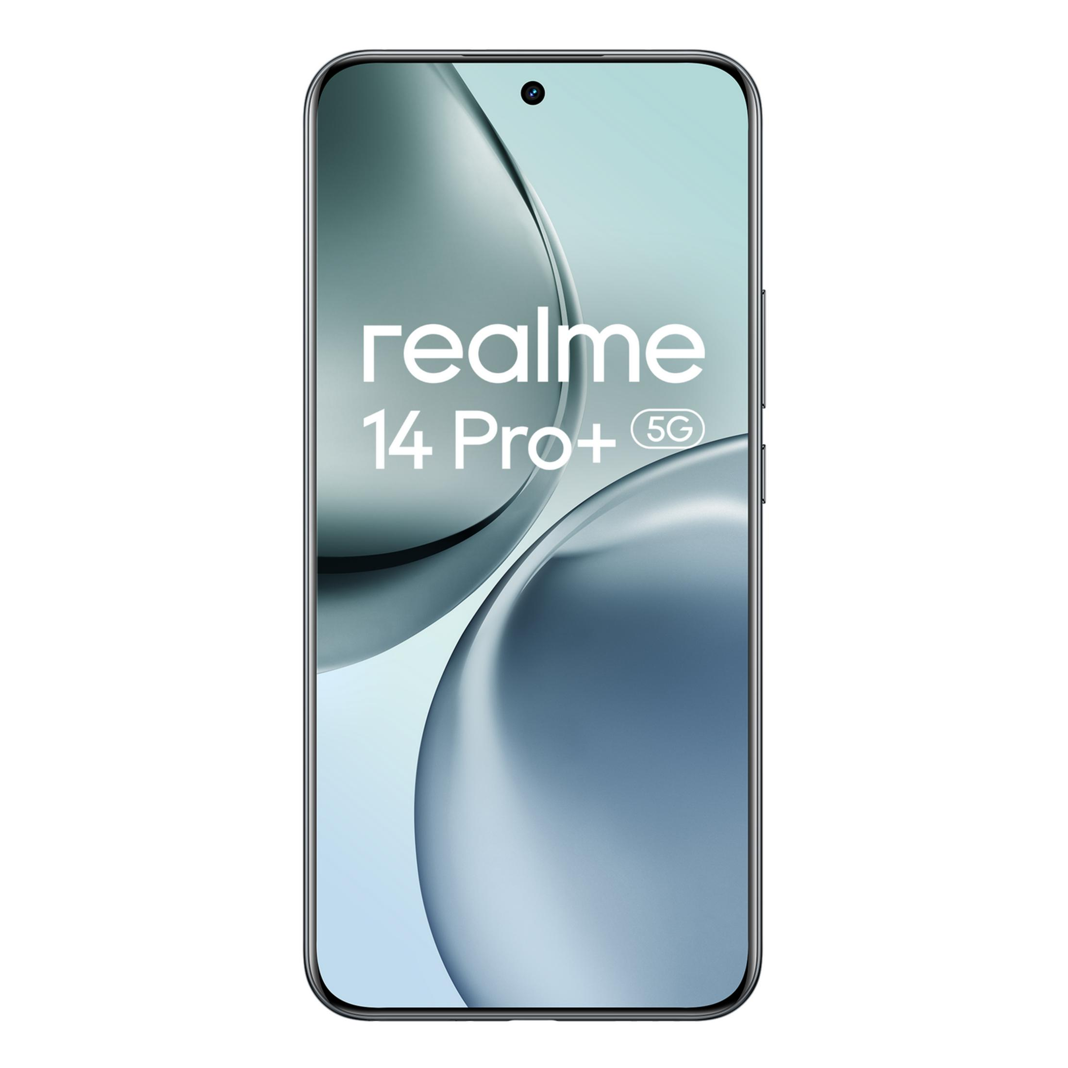 Un smartphone Realme 14 Pro+ 5G con diseño minimalista y cámara frontal en un agujero.