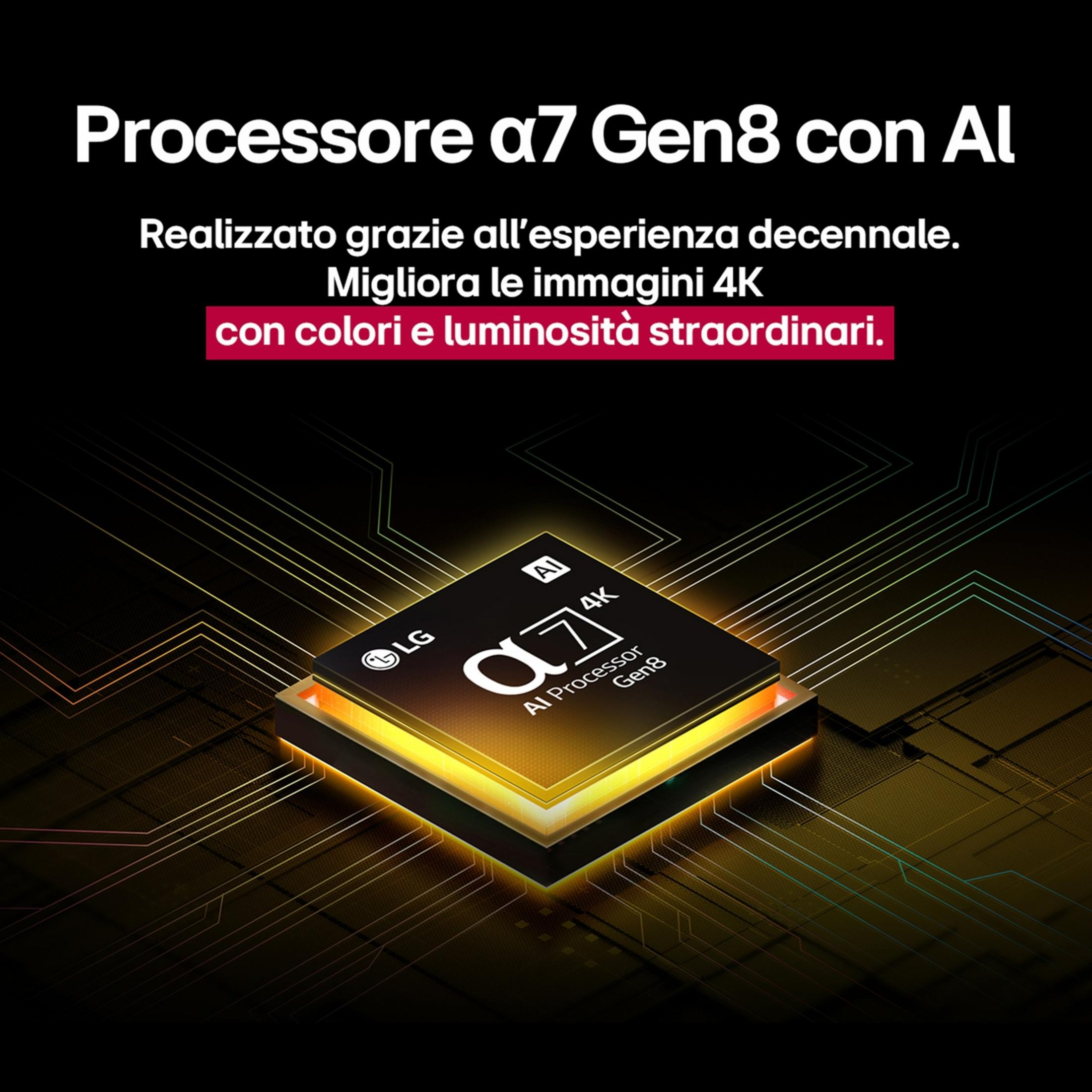 Processore LG a7 Gen8 con IA, migliora immagini 4K, colori e luminosità.