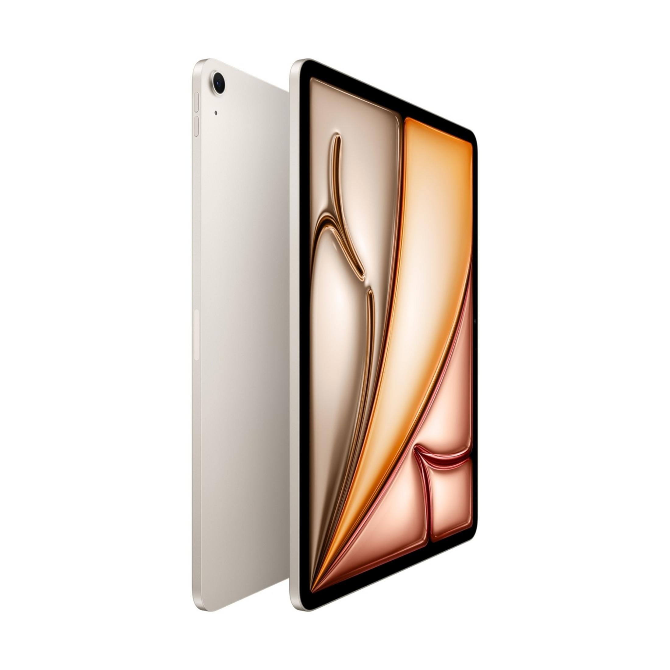 Un tablet argentato con uno schermo che mostra uno sfondo astratto colorato.