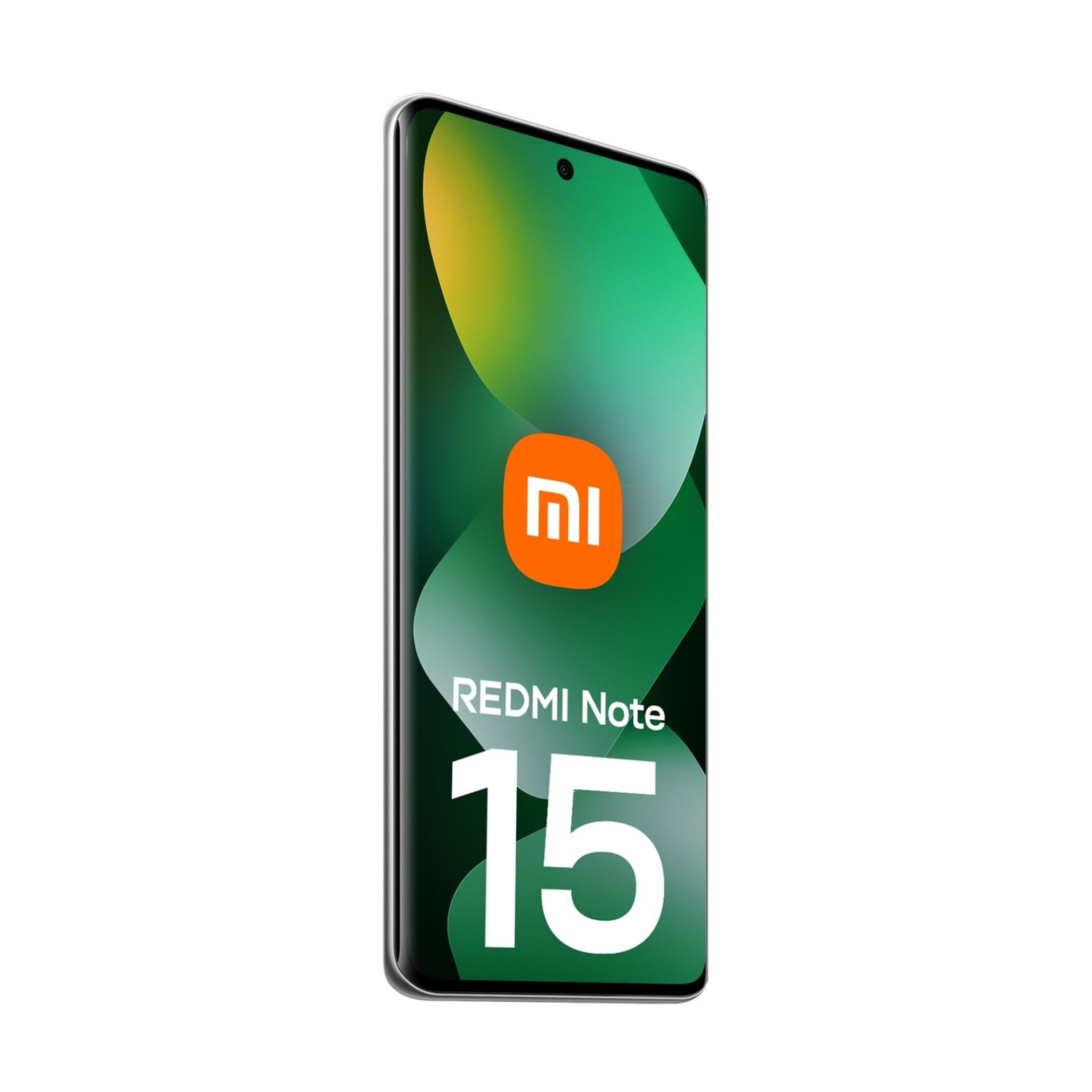 Uno smartphone Xiaomi Redmi Note 15 con sfondo verde e giallo.
