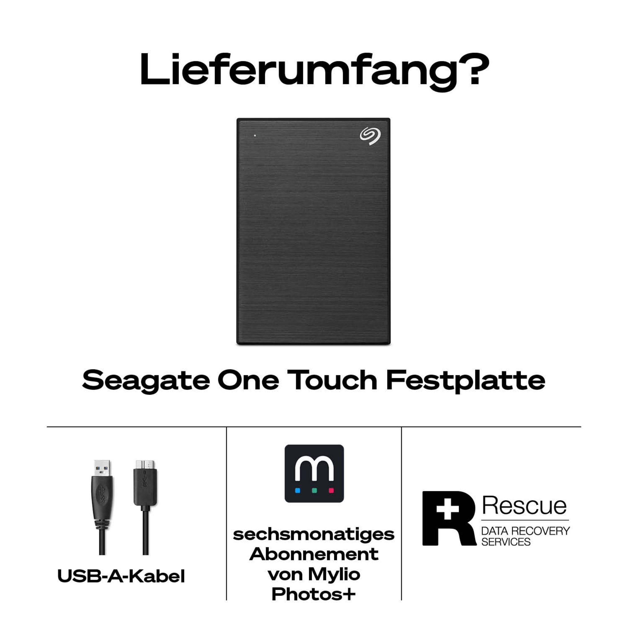 Hard disk Seagate One Touch con cavo USB-A, abbonamento Mylio Photos+ e Rescue Data Recovery.