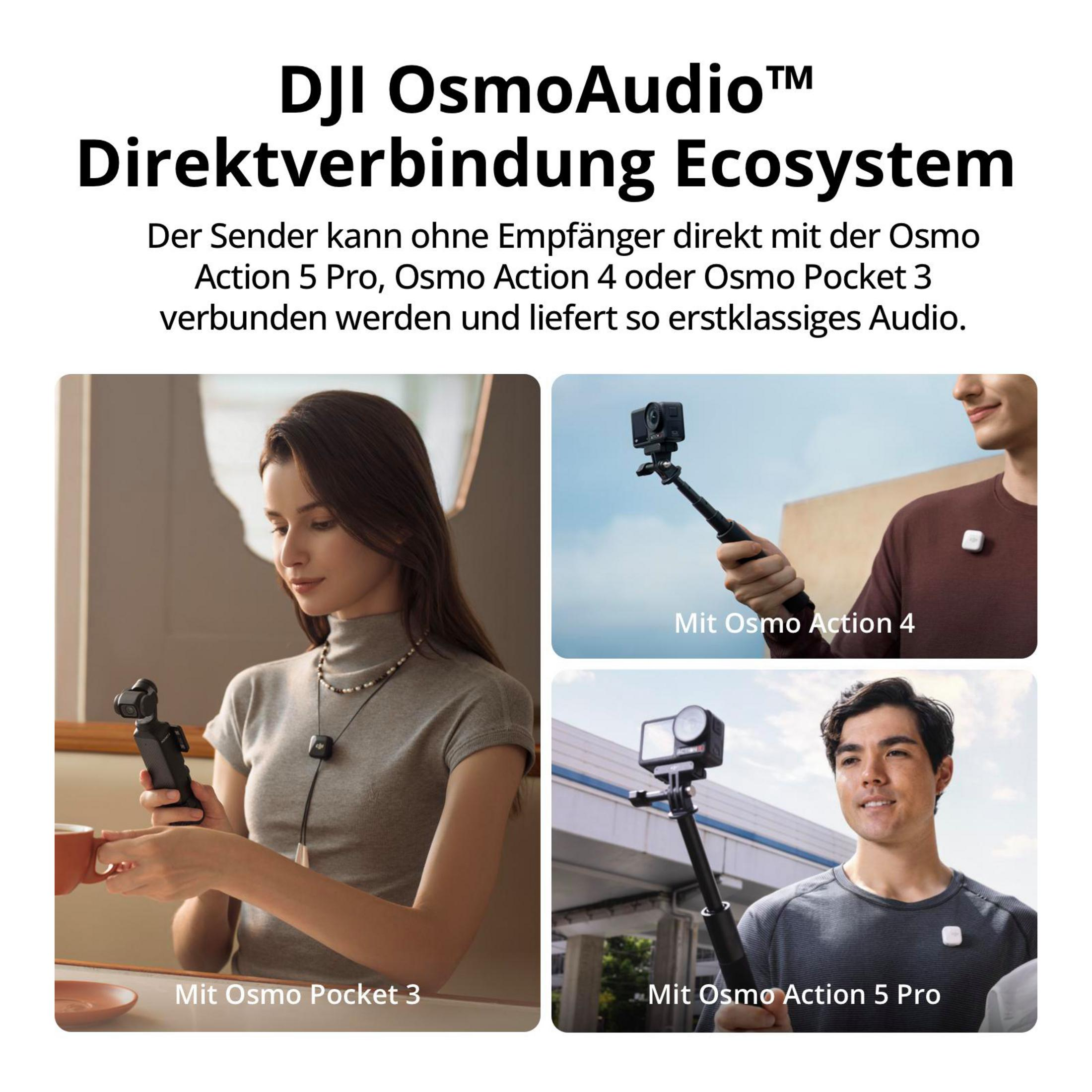 DJI OsmoAudio: Donna con Osmo Pocket 3, uomo con Osmo Action 4 e 5 Pro.