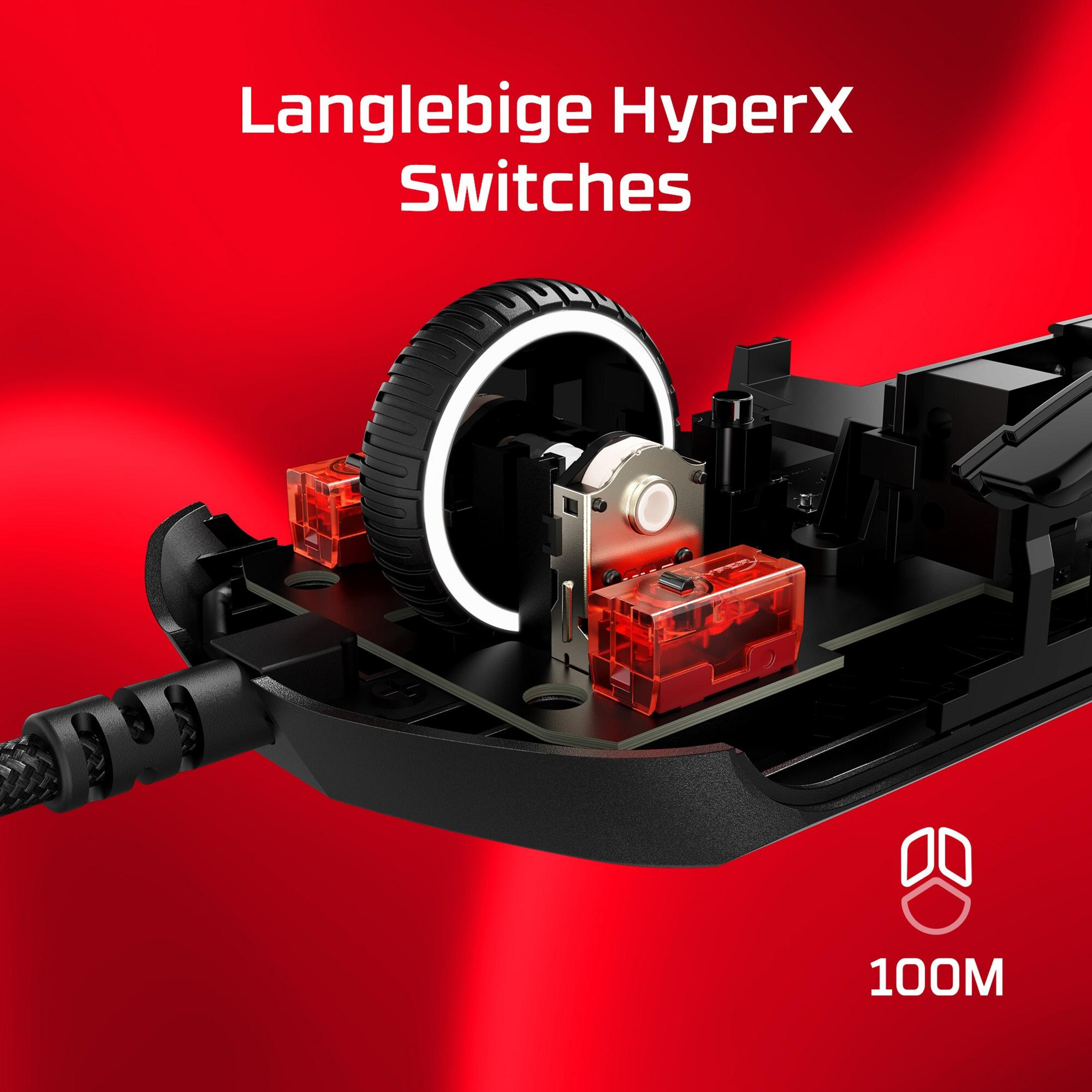 Mysz HyperX: Widok wewnętrzny ze przełącznikami, kółkiem i kablem.