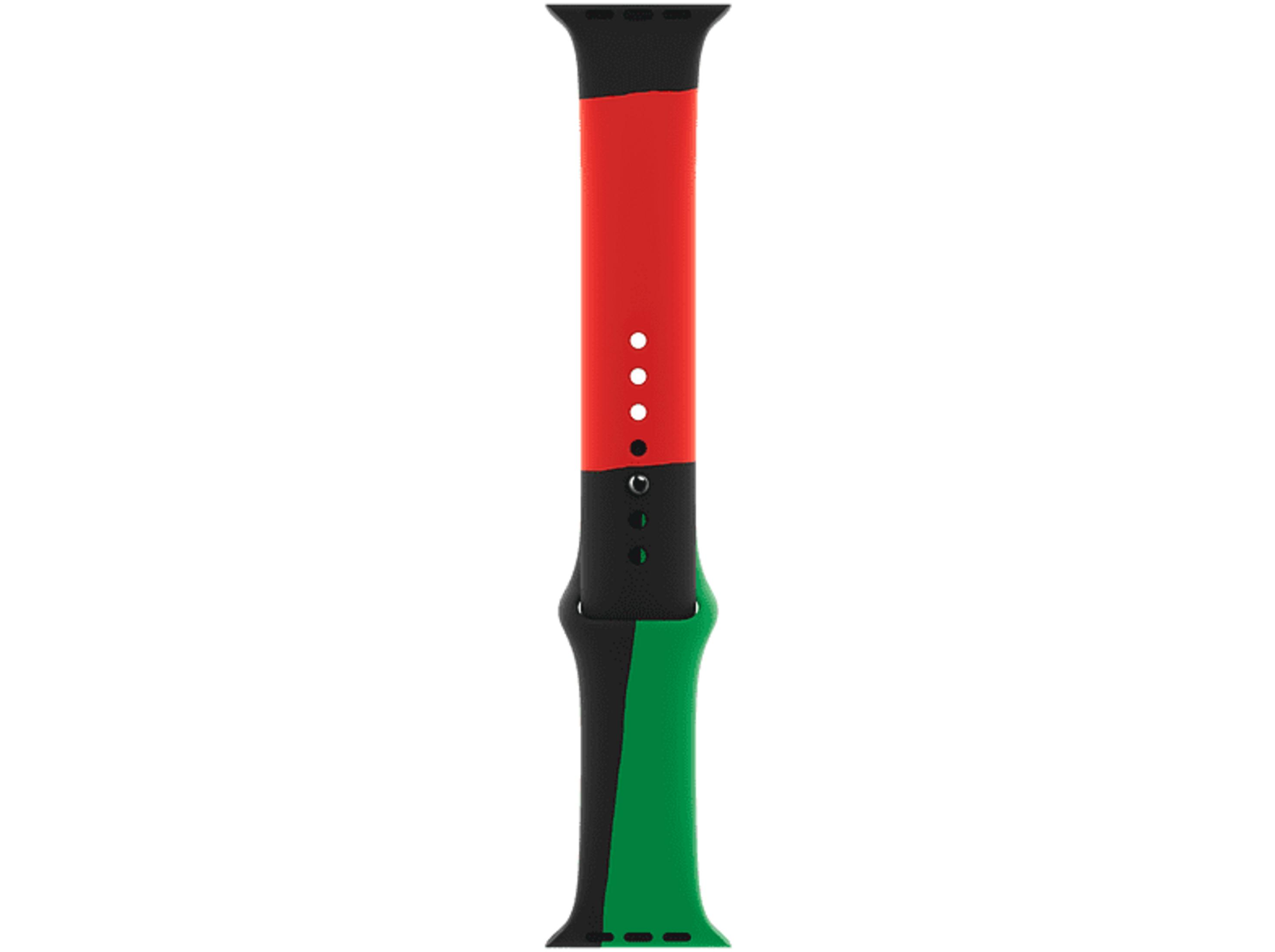 Un cinturino nero, rosso e verde per uno smartwatch.