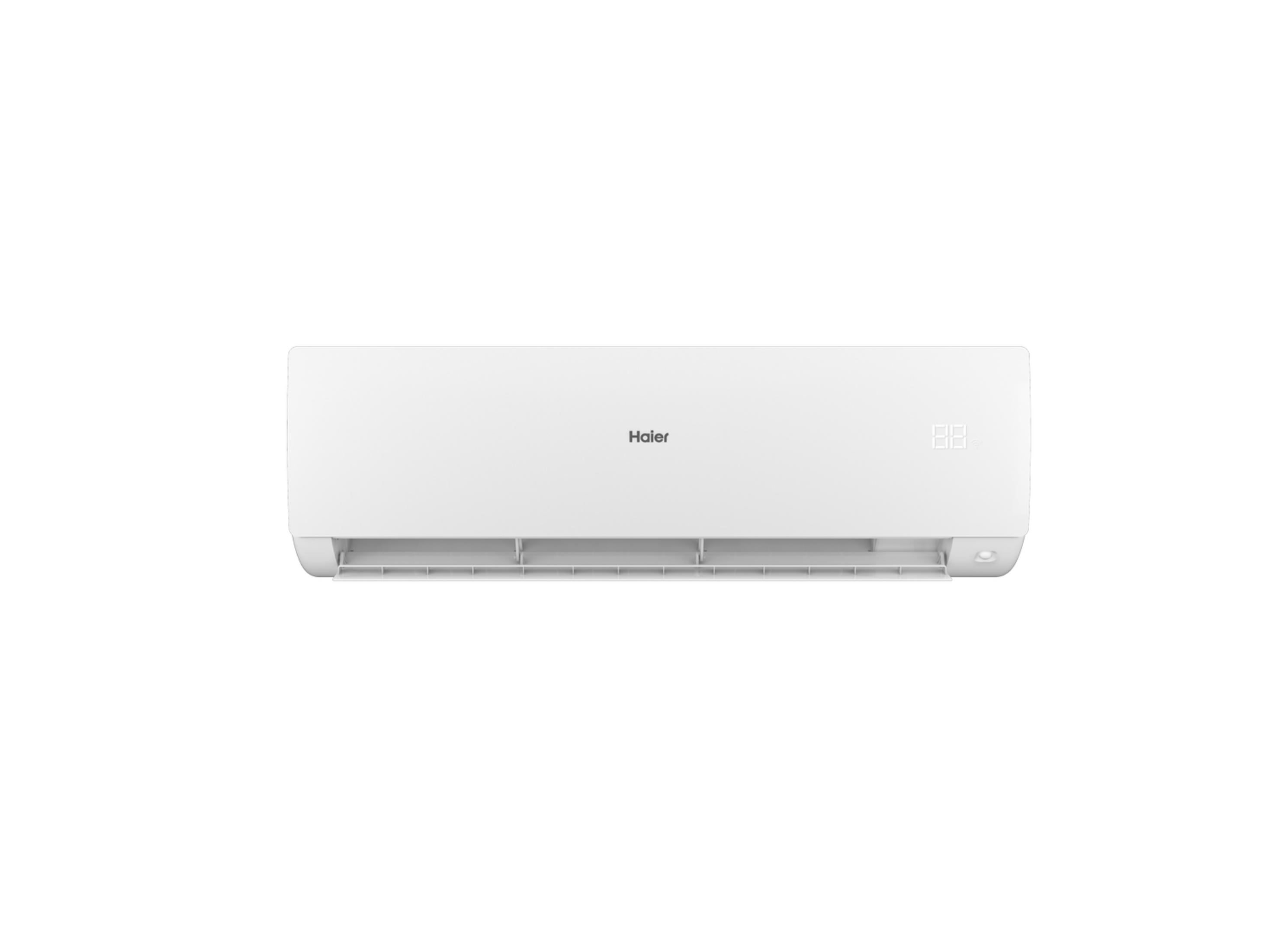 Un aire acondicionado Haier blanco con pantalla digital sobre fondo blanco.
