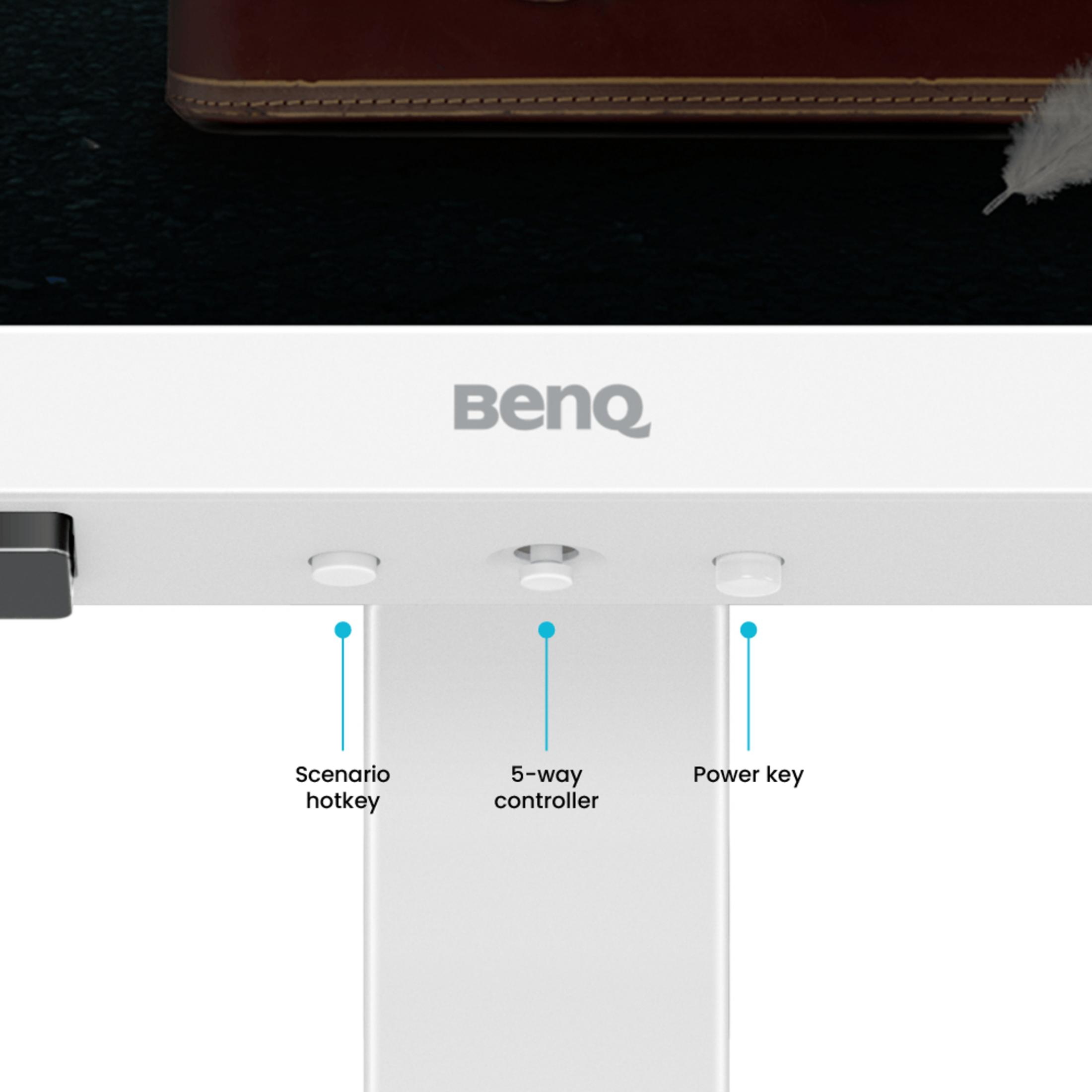 BenQ-Logo und Tasten: Szenario-Hotkey, 5-Wege-Controller, Power-Taste.