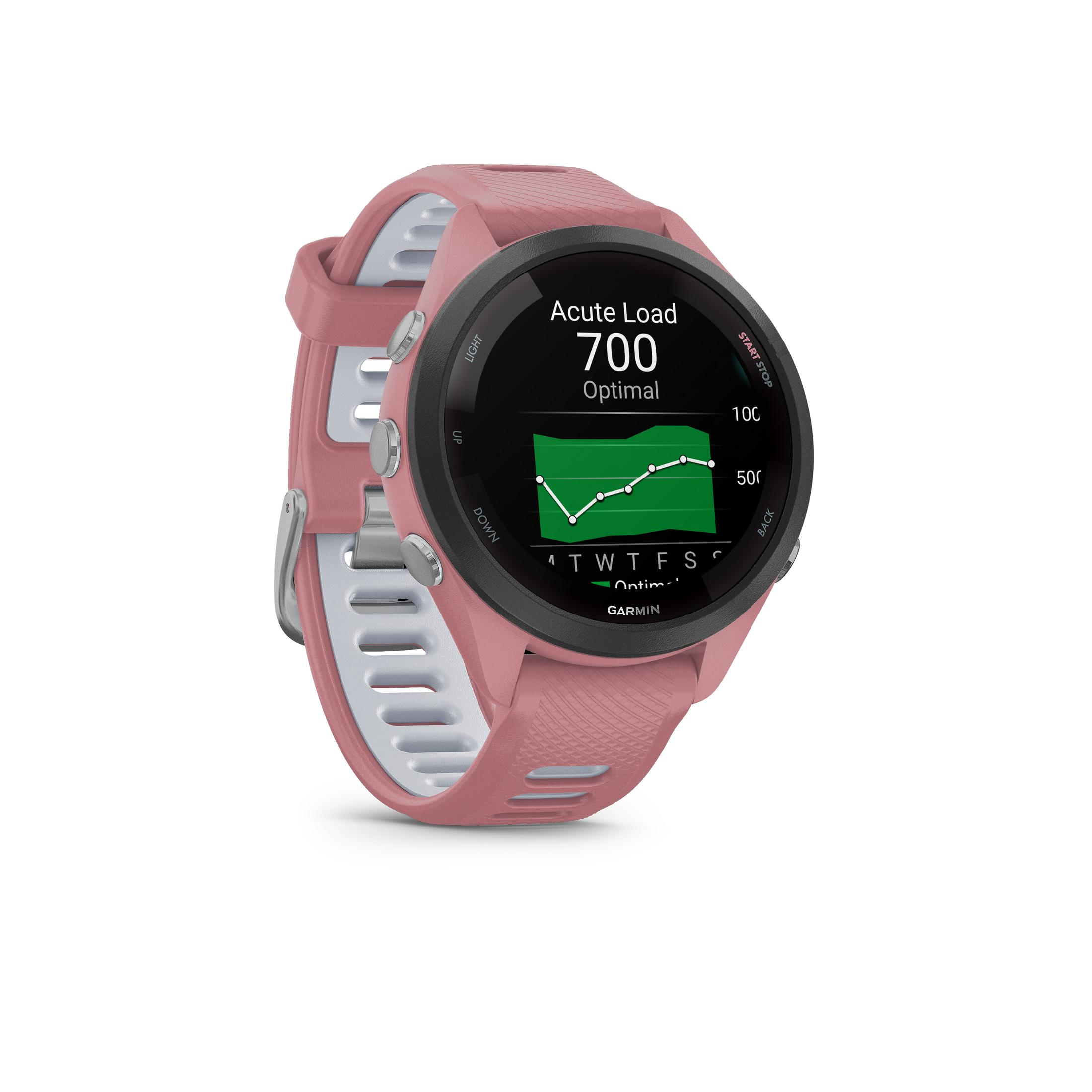 Uno smartwatch Garmin rosa mostra un carico acuto di 700.