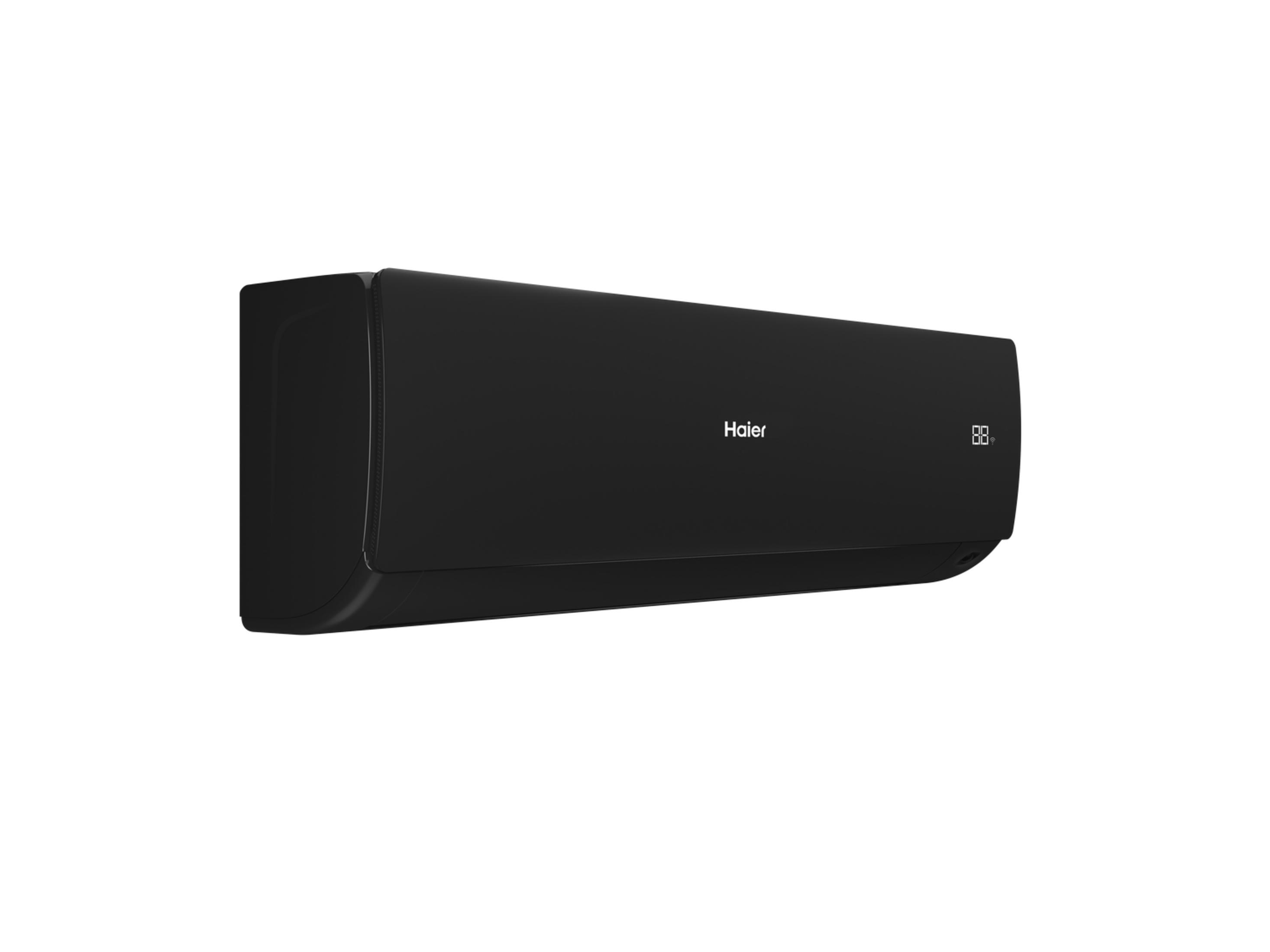 Aire acondicionado negro Haier de pared con pantalla digital.