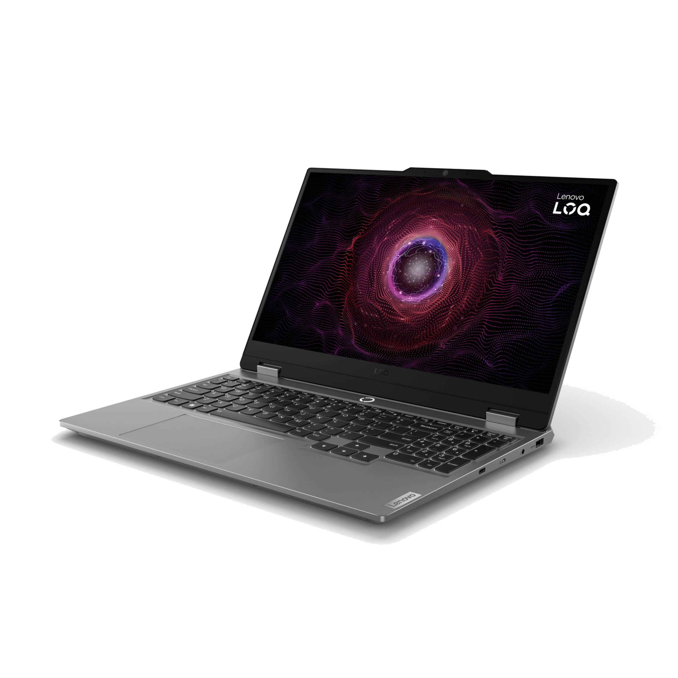 Un portátil Lenovo LOQ gris muestra un patrón abstracto y colorido en su pantalla.