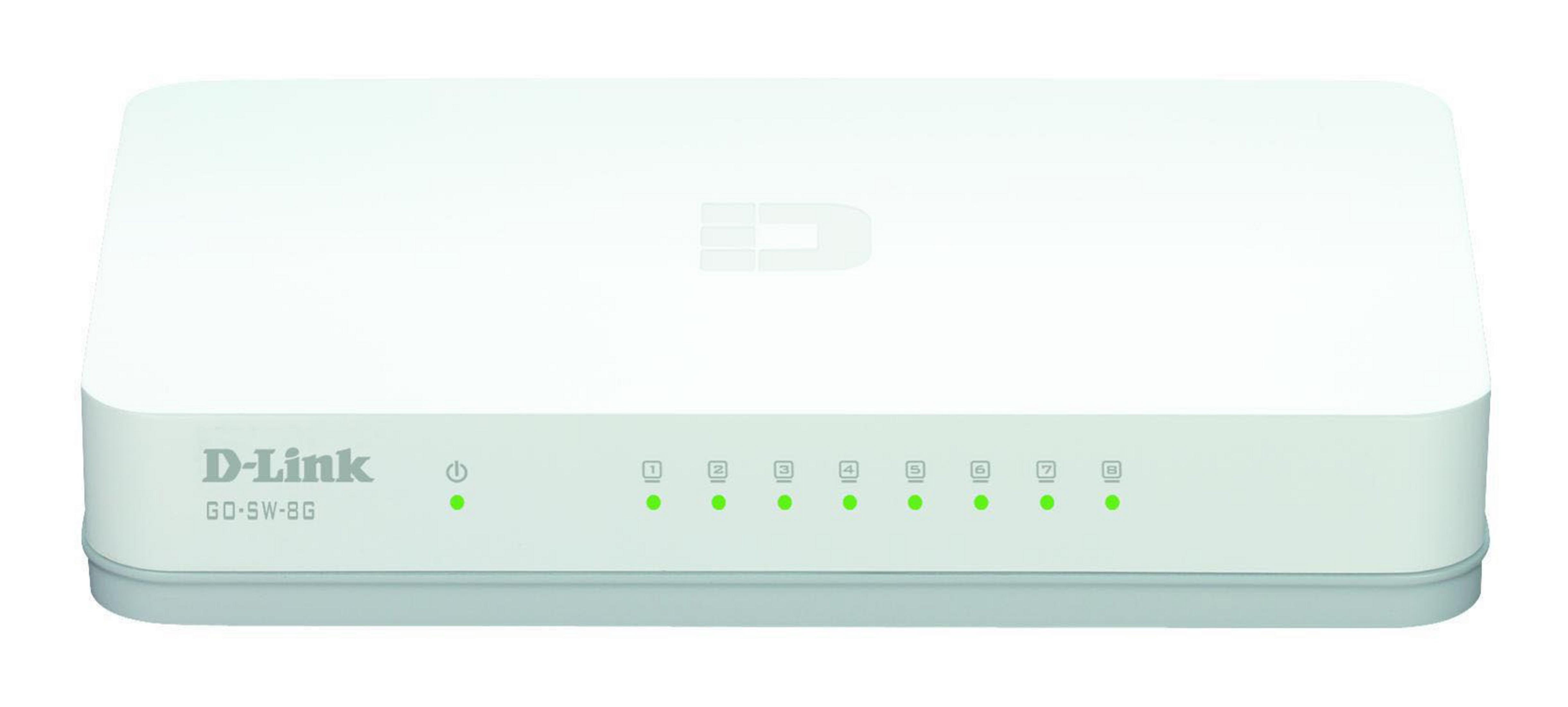 Ein weißer D-Link 8-Port Gigabit-Switch mit grünen Status-LEDs.