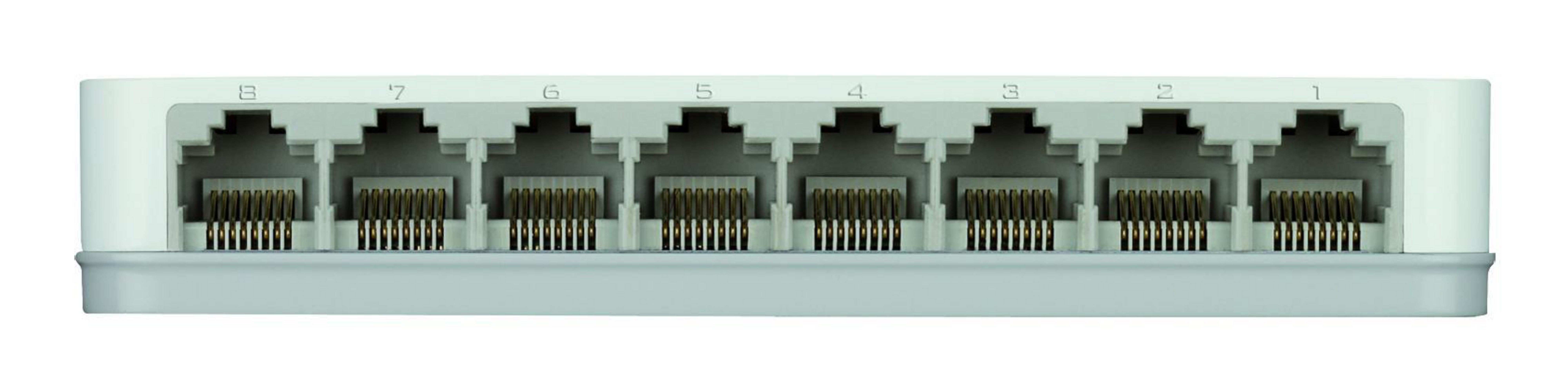 Ein weißer Netzwerk-Switch mit acht Anschlüssen, nummeriert von 1 bis 8.