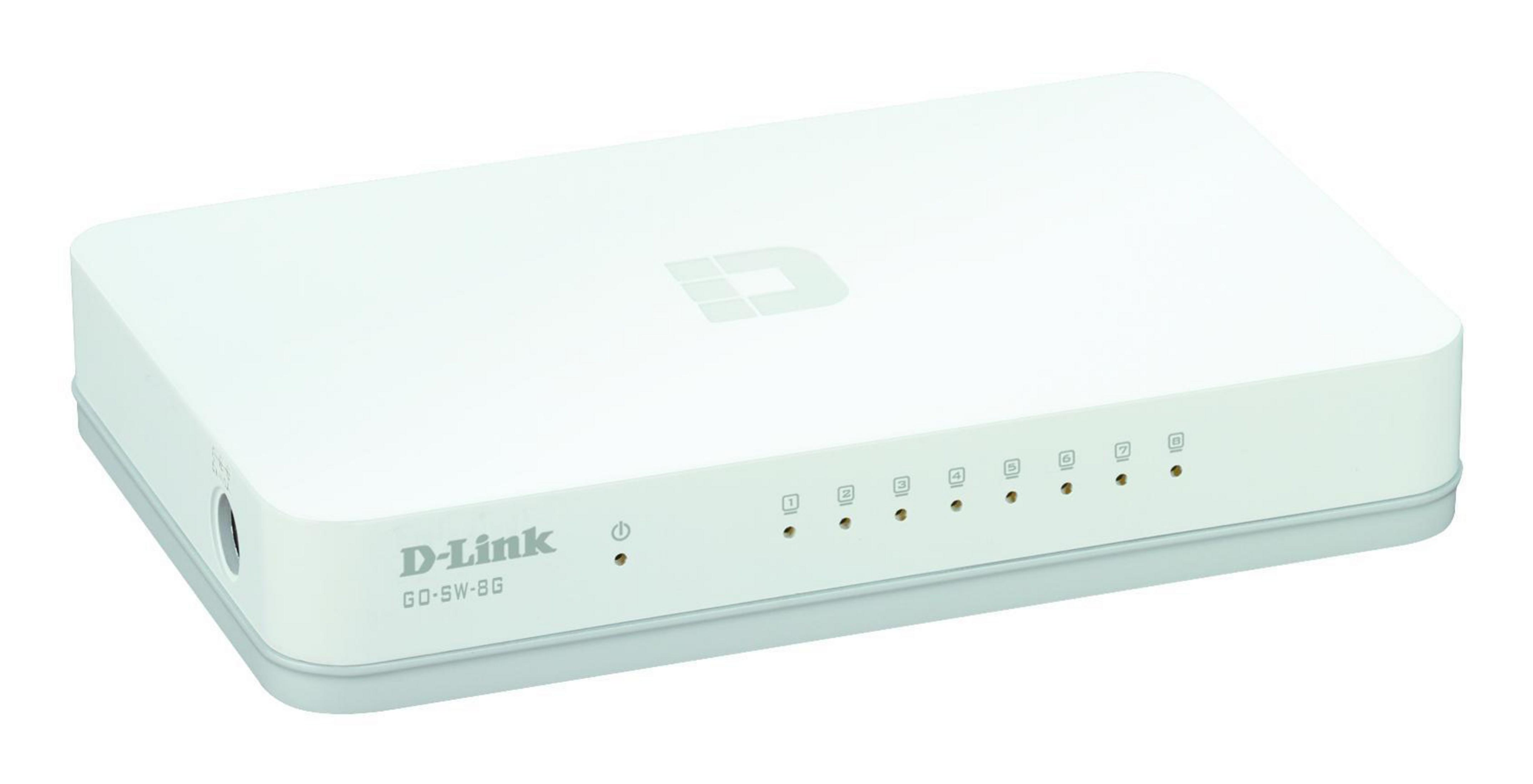 Weißer D-Link GO-SW-8G 8-Port Gigabit Unmanaged Desktop Switch.