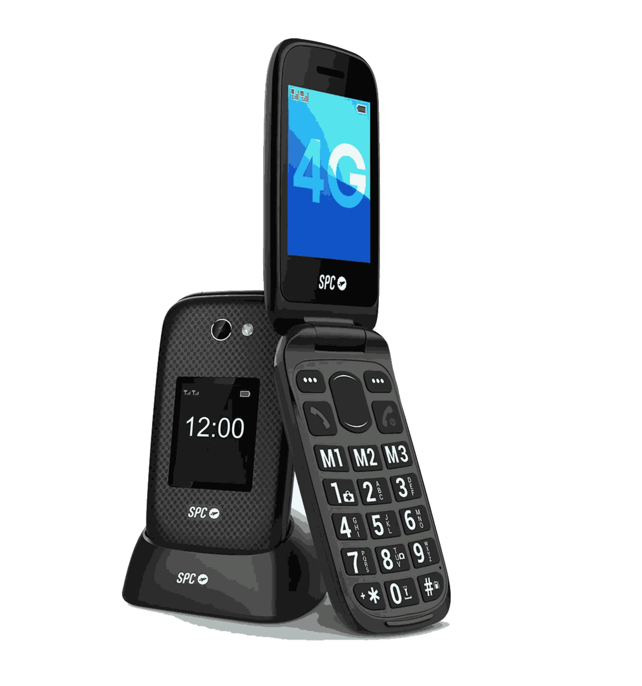 Un telefono a conchiglia nero aperto con base di ricarica. Lo schermo superiore mostra 4G.