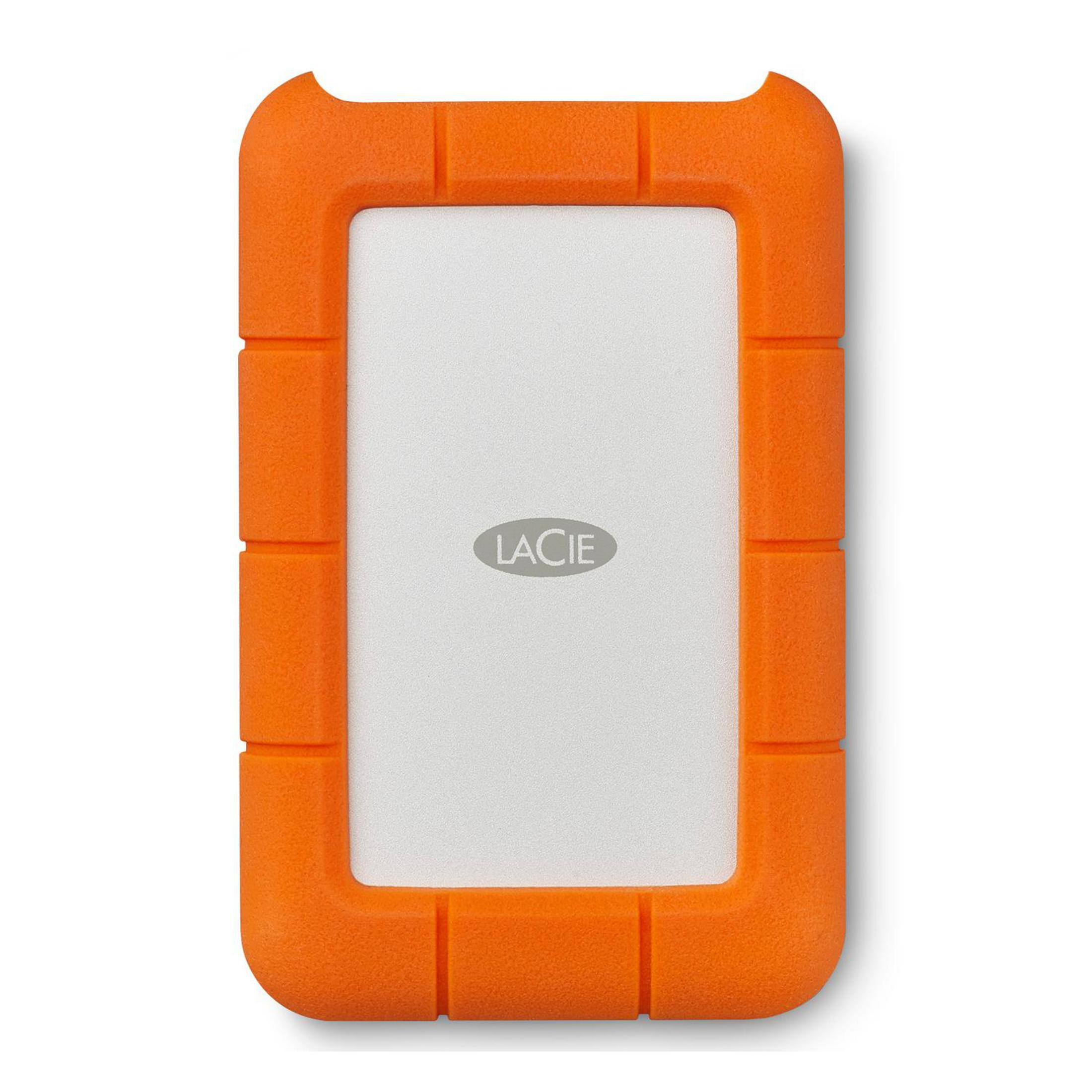 Carcasa naranja de disco duro externo LaCie con panel y logo blancos.