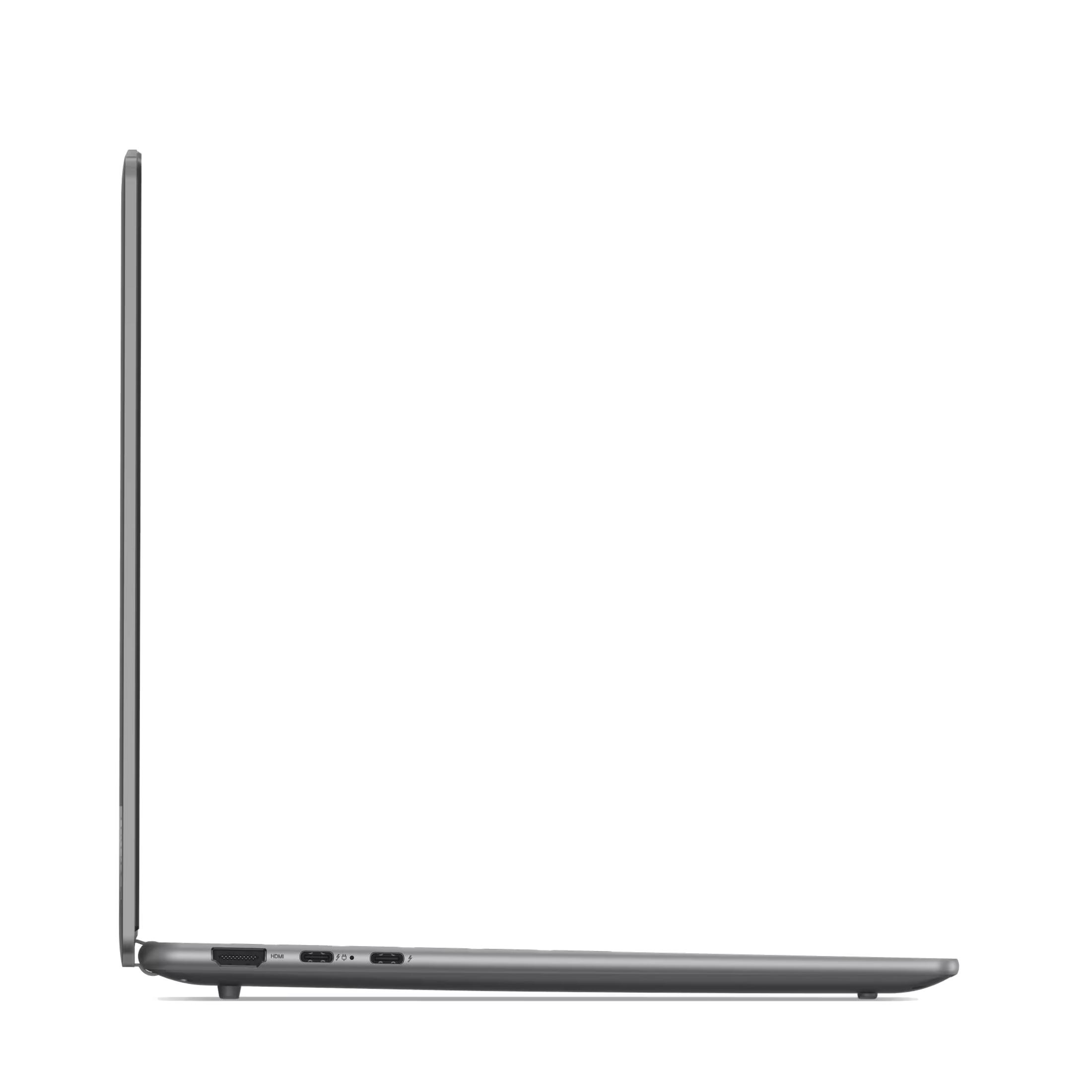 Boczny profil szarego laptopa z widocznymi portami HDMI i USB-C.