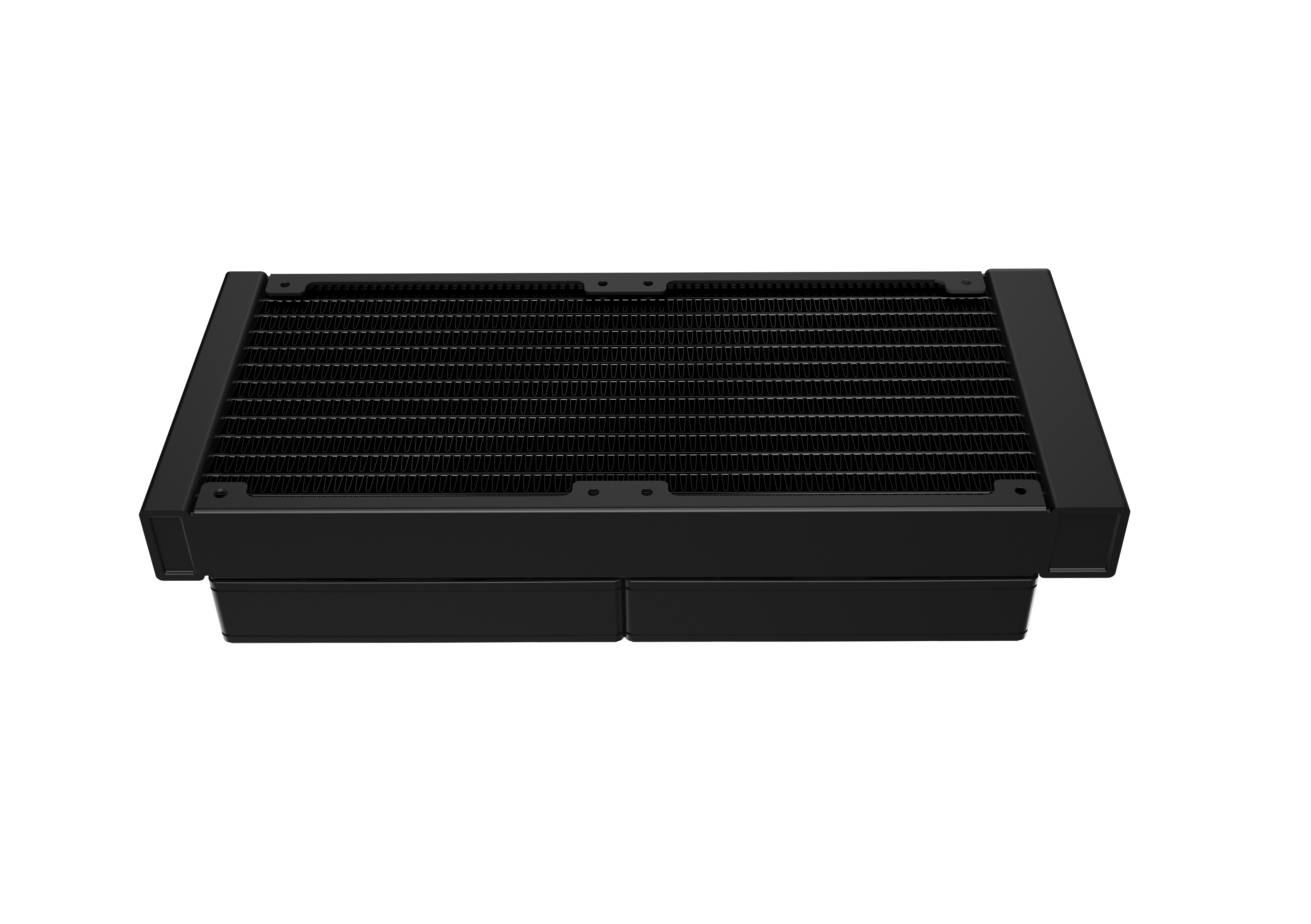 A black computer radiator with fins and a dark frame.