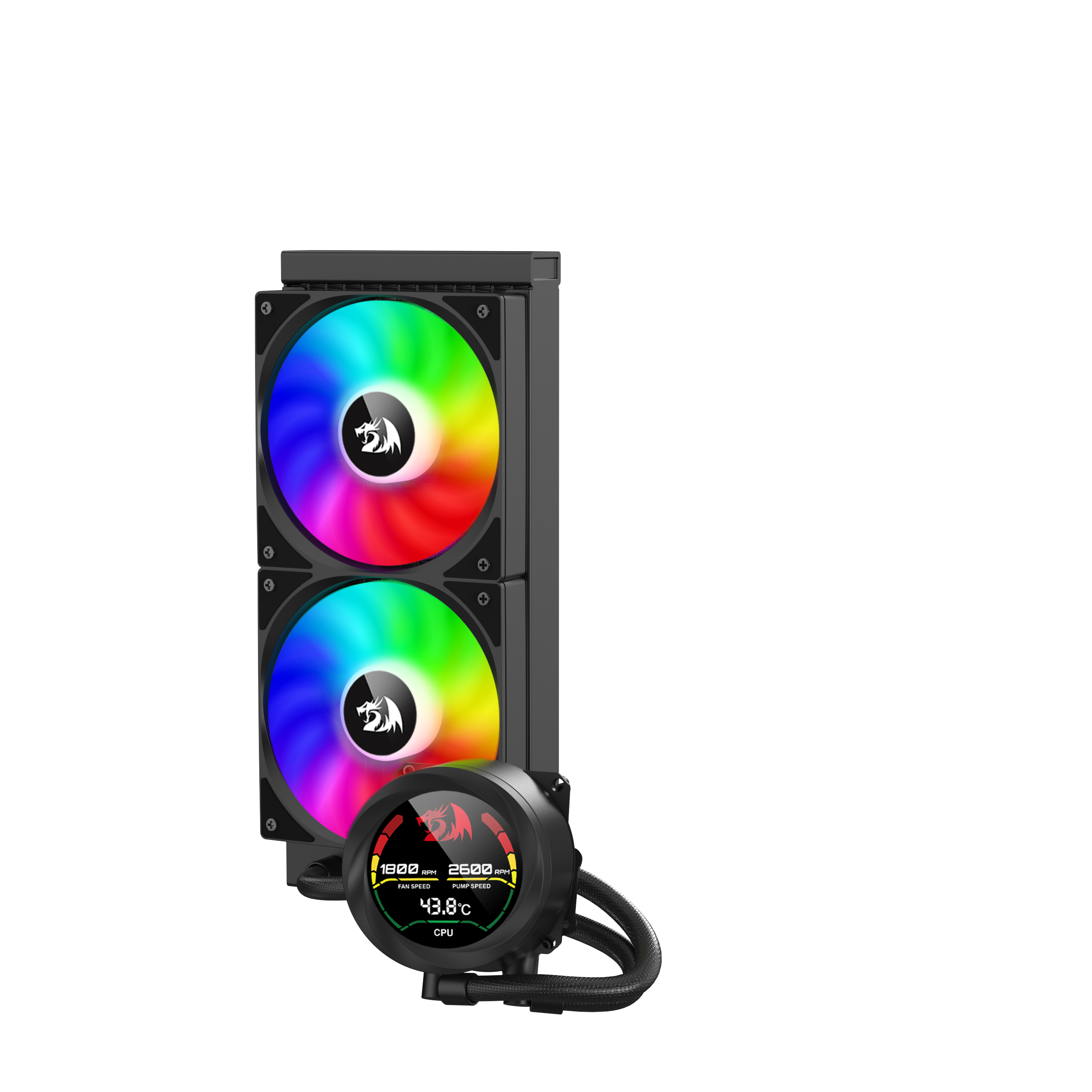 A black CPU cooler with two RGB fans and a digital display.