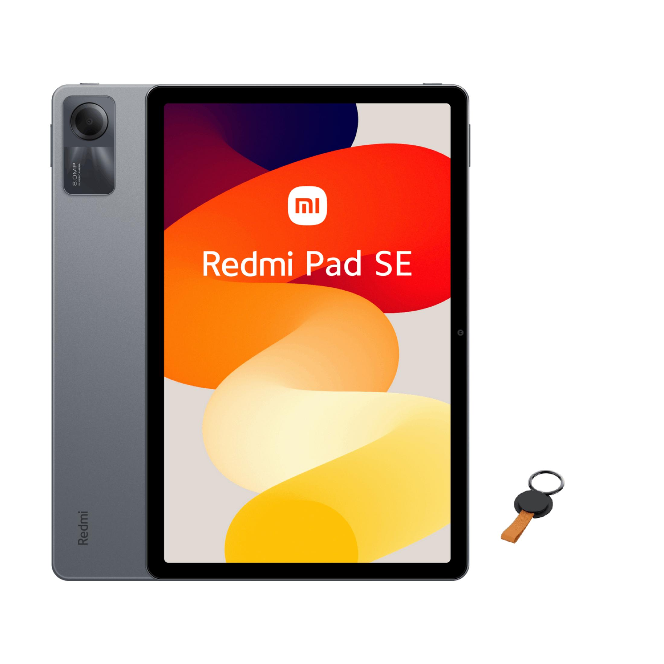Una tablet gris muestra el logo 'Redmi Pad SE', con un llavero al lado.