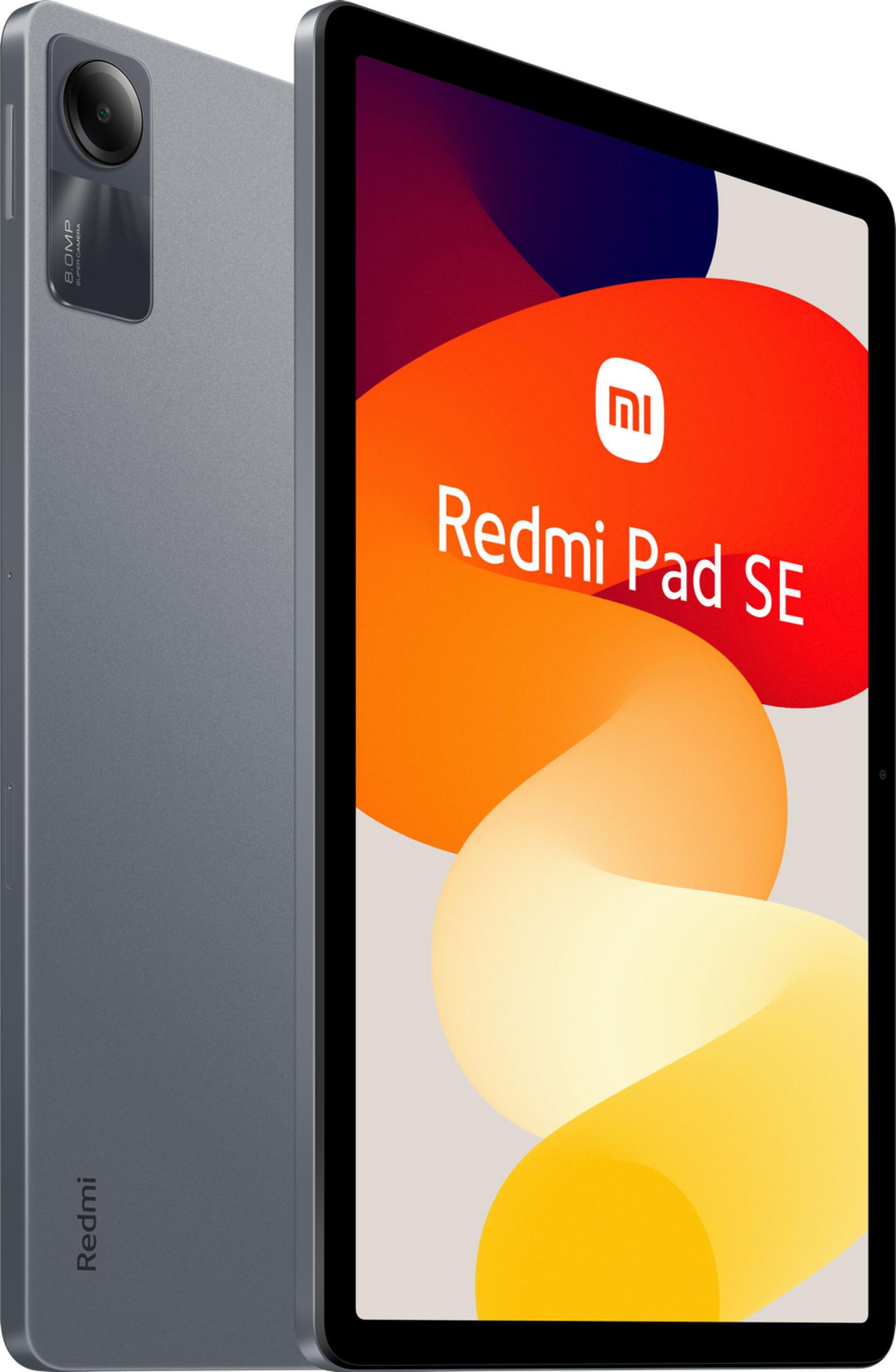 Tableta gris con cámara de 8MP y logo Redmi Pad SE en pantalla.