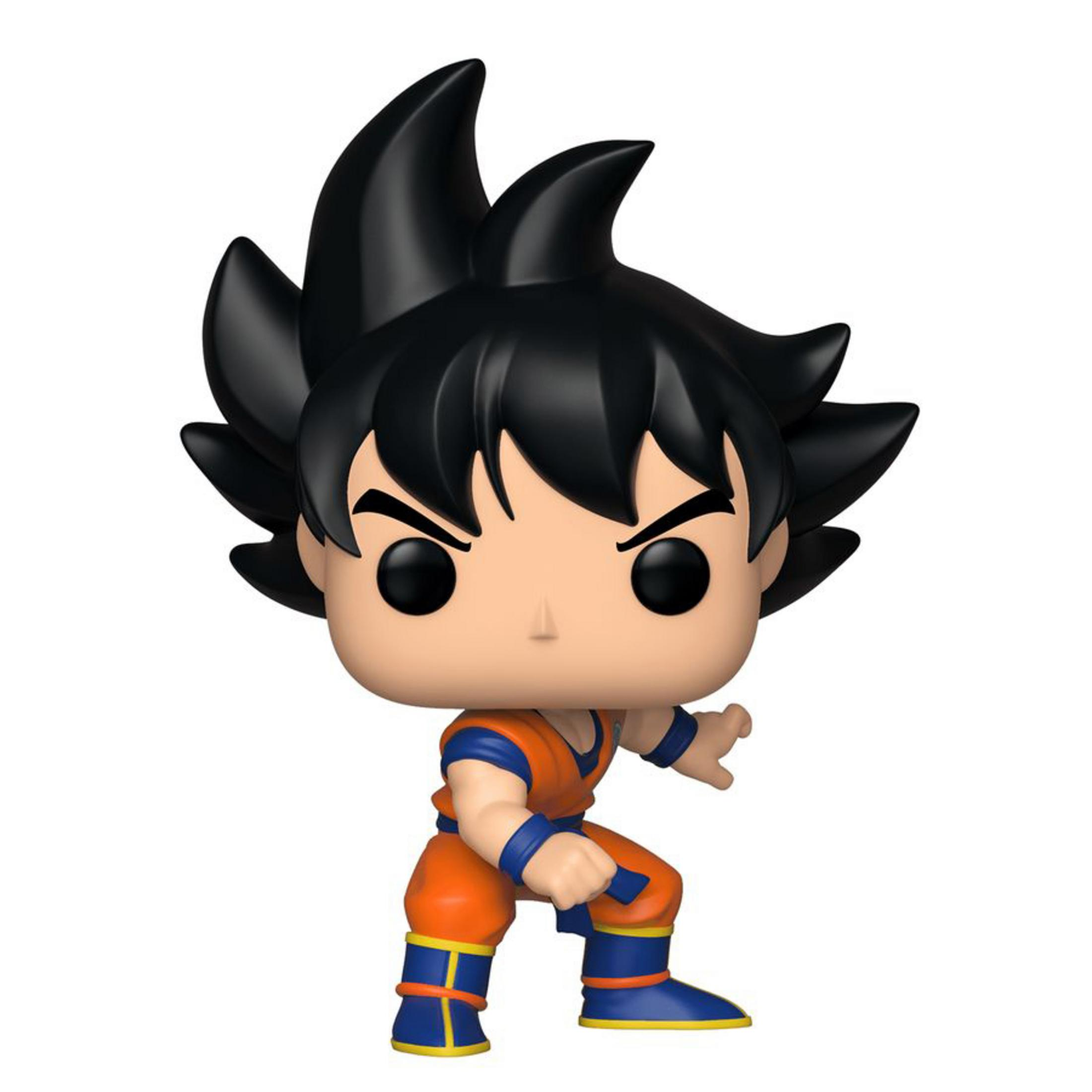 Una figuretta Funko Pop! di Goku in abito arancione e blu, capelli neri.