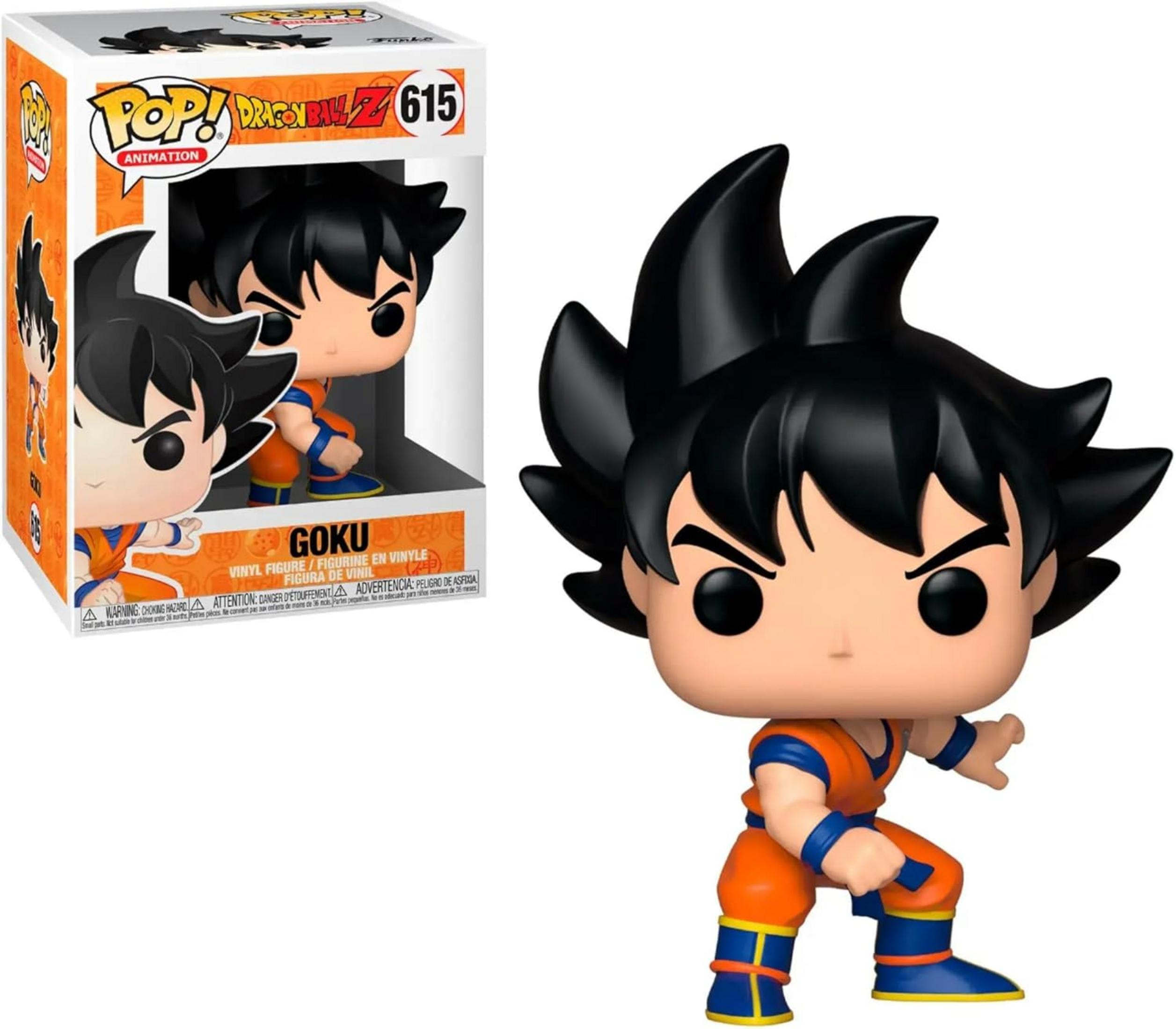 Action figure Funko Pop di Goku in tuta arancione con capelli neri, su sfondo bianco.