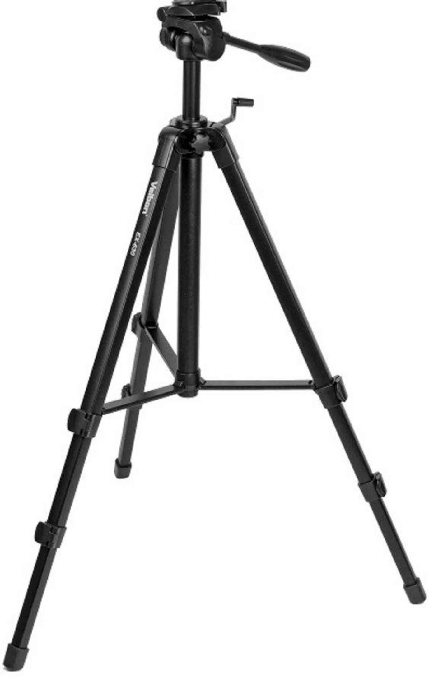 Un trípode negro Velbon EX-630 con tres patas y altura ajustable.
