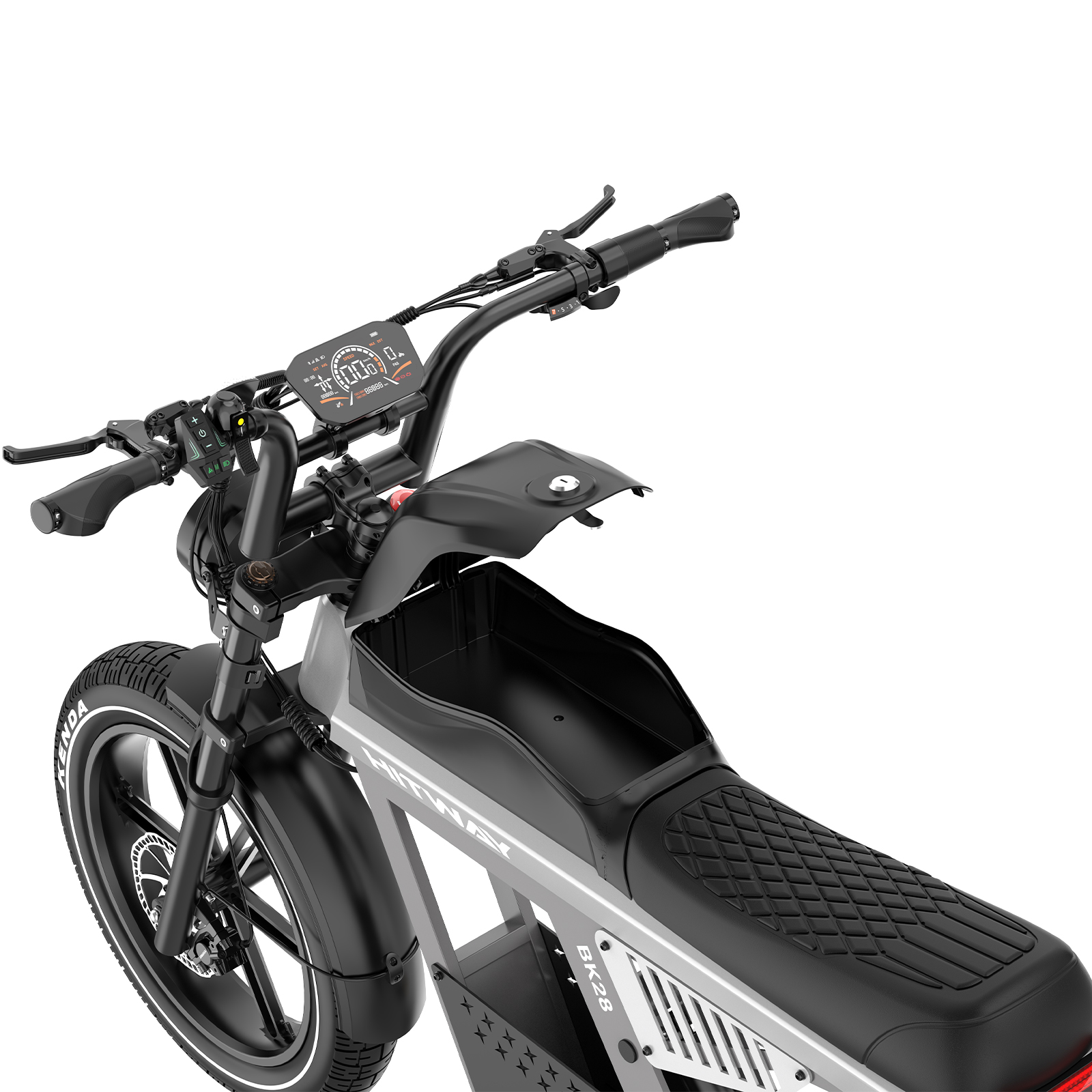 Un e-scooter plateado con asiento negro y pantalla digital.