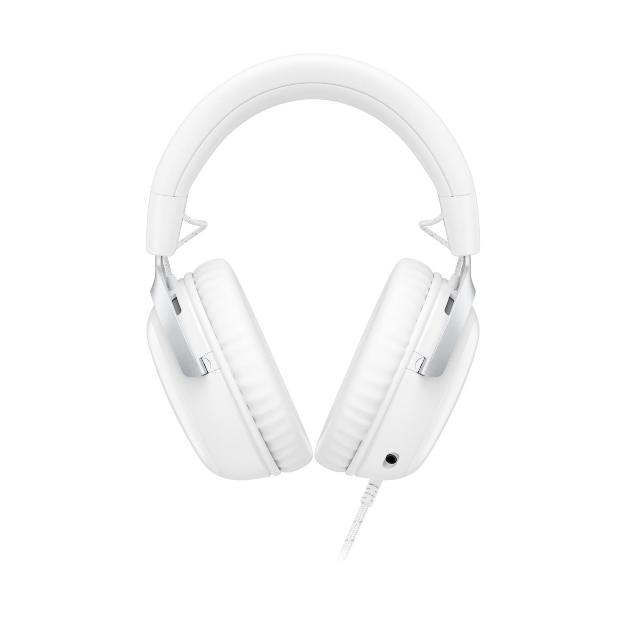 Weiße Over-Ear-Kopfhörer mit silbernen Akzenten und weißem Kabel.