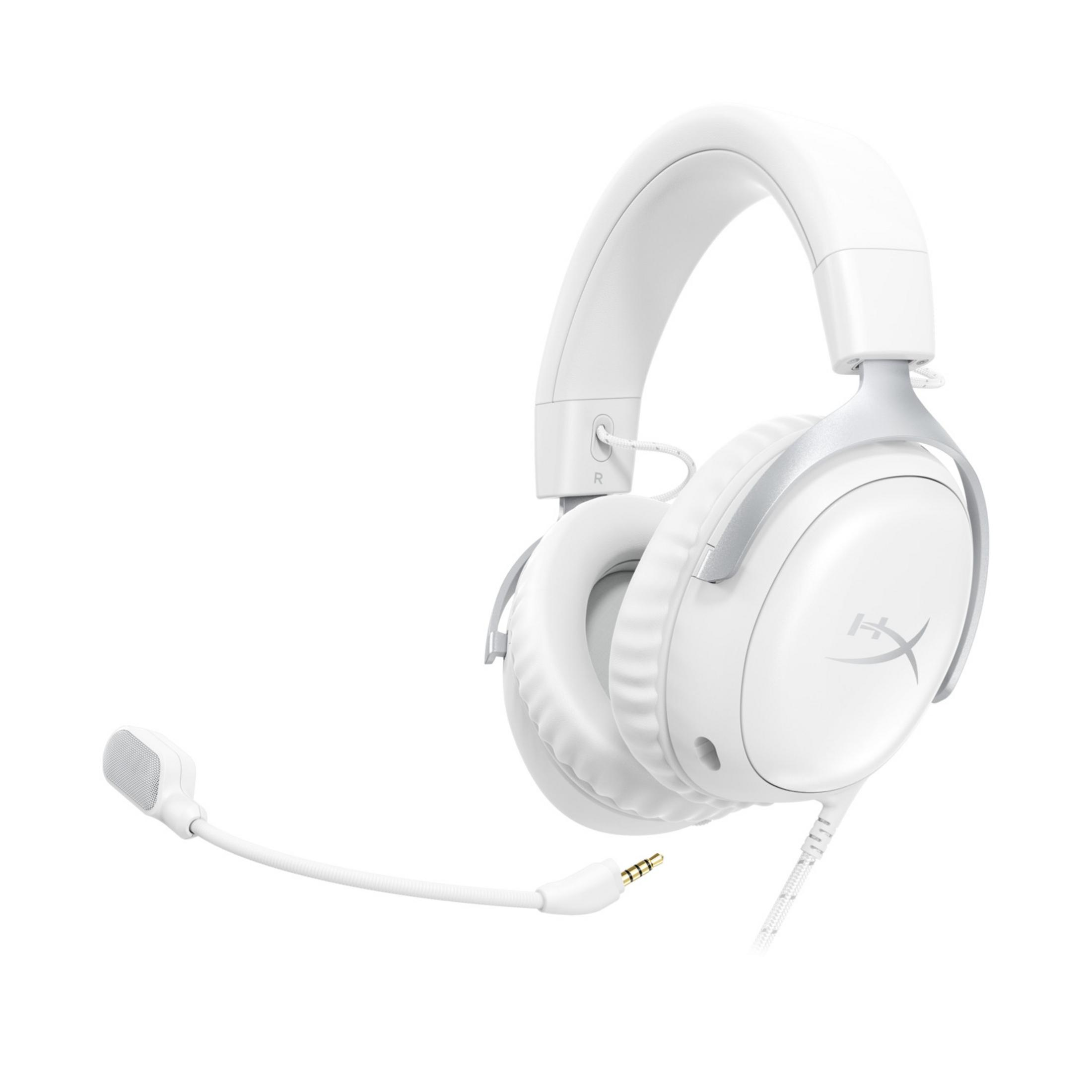 Ein weißes Headset mit Mikrofon und silbernen Akzenten auf weißem Hintergrund.