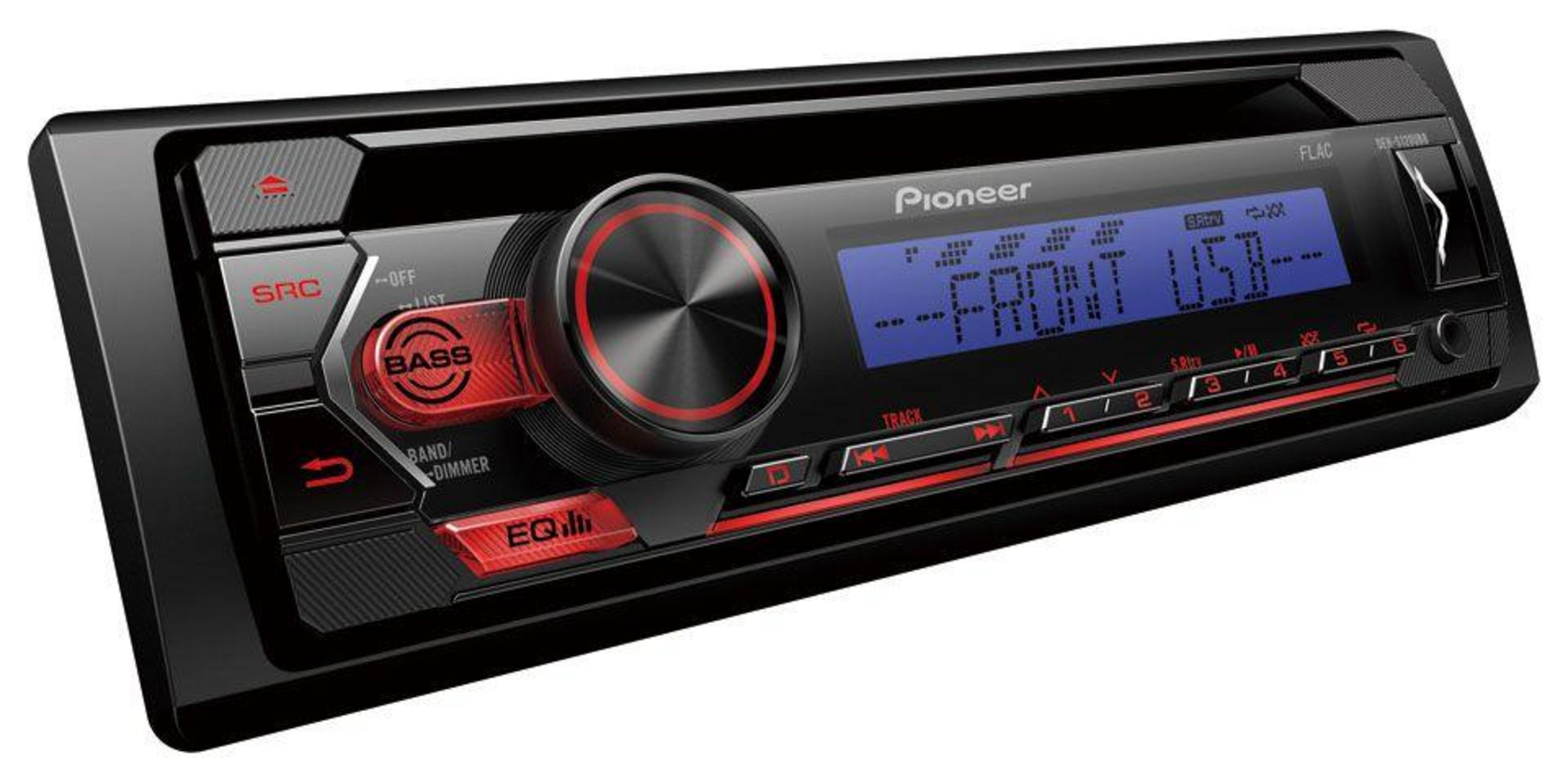 Ein schwarzer Pioneer Autoradio mit blauem Display und roten Akzenten.