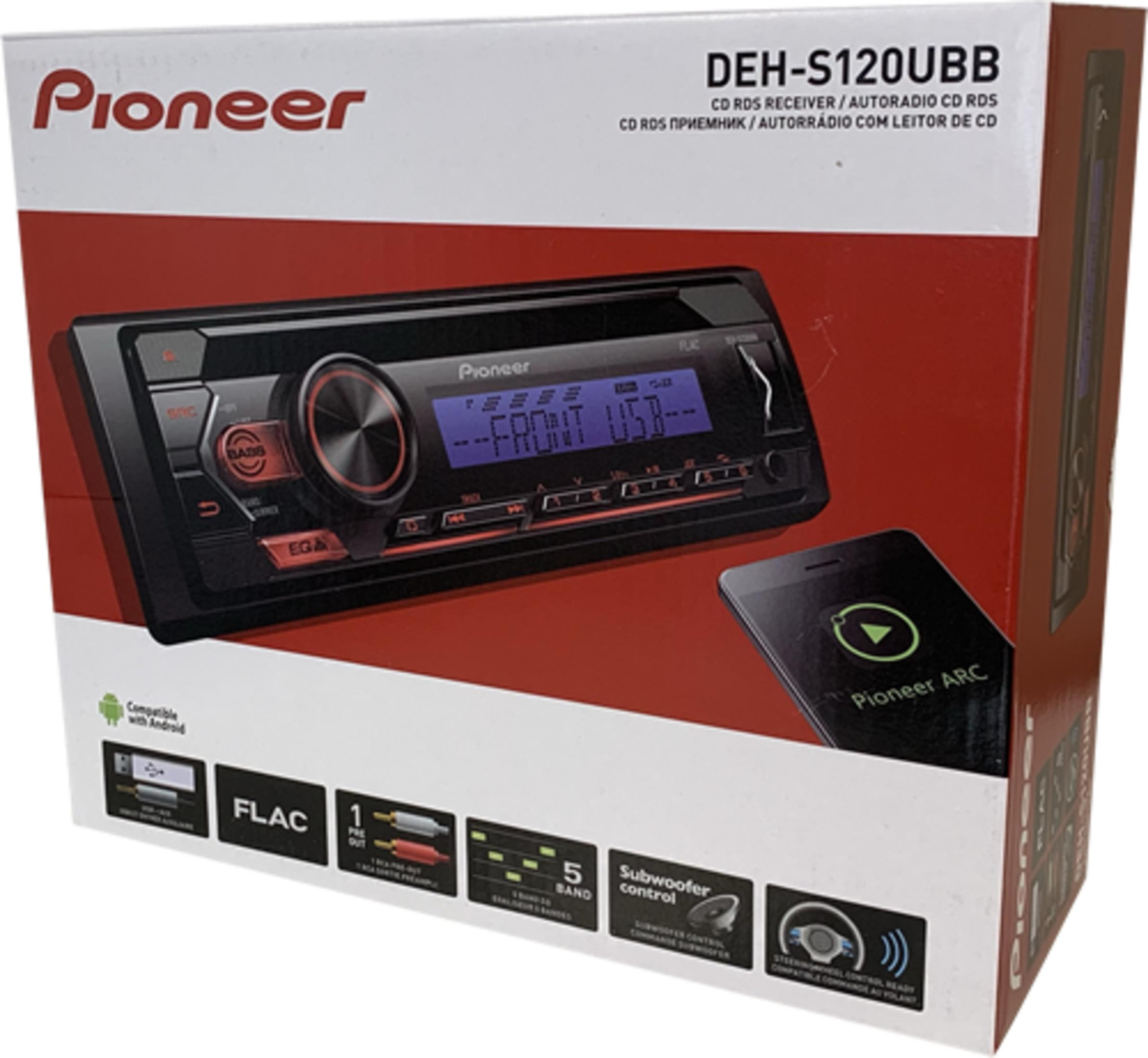 Pioneer Autoradio DEH-S120UBB auf Verpackung, mit Smartphone.