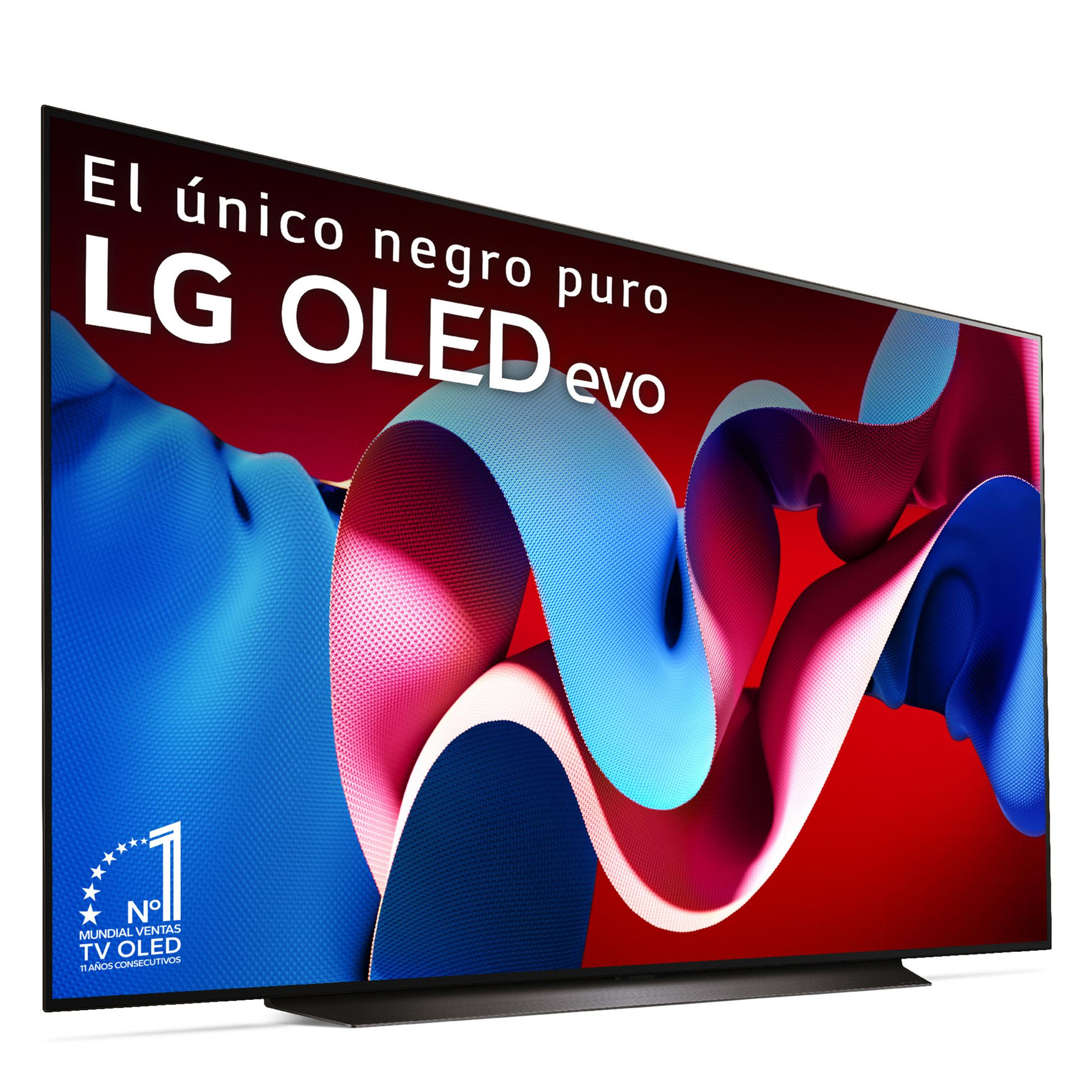 TV LG OLED evo con diseño abstracto ondulado en azul y rojo y logo "Nº 1".
